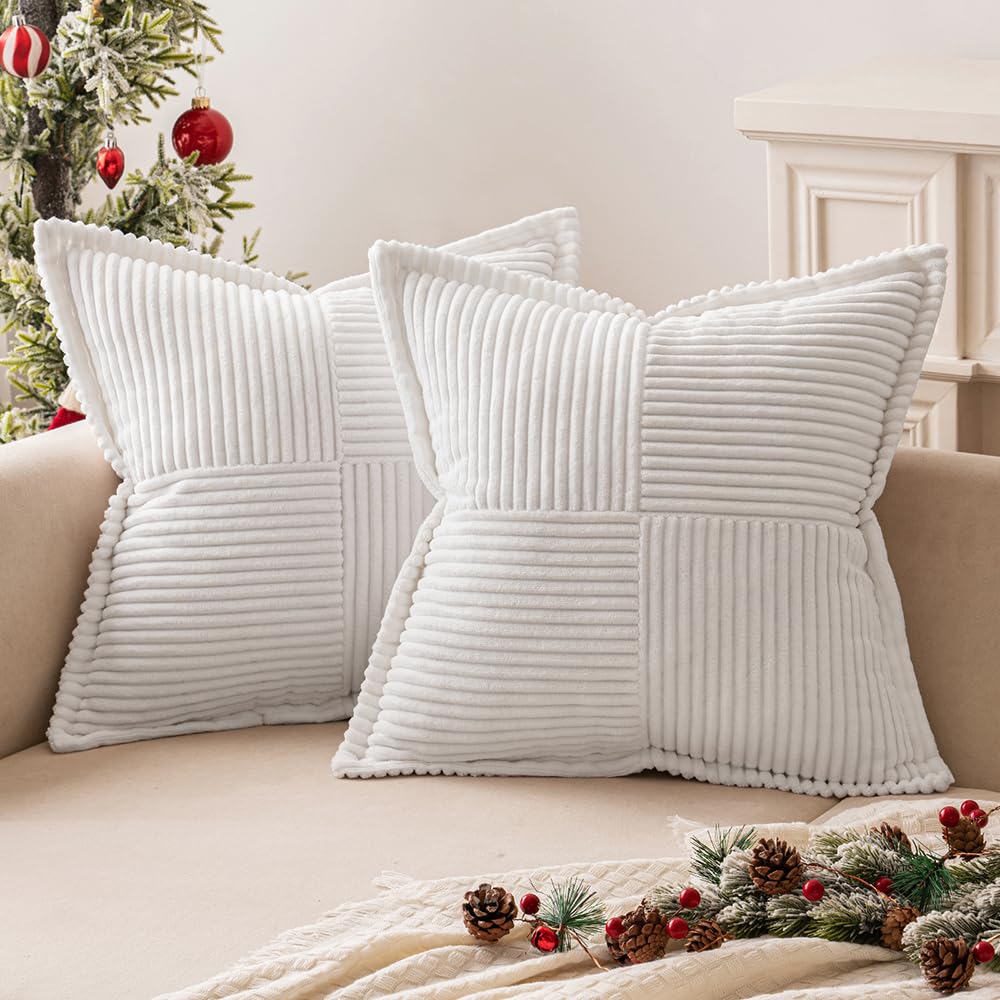 MIULEE Decorative Throw Pillow Covers for Couch Bed Livingroom 20x20 Inch Set of 2 Beige Boho Accent Throw Pllows Broadside Striped Patchwork Soft Corduroy Pillowcases