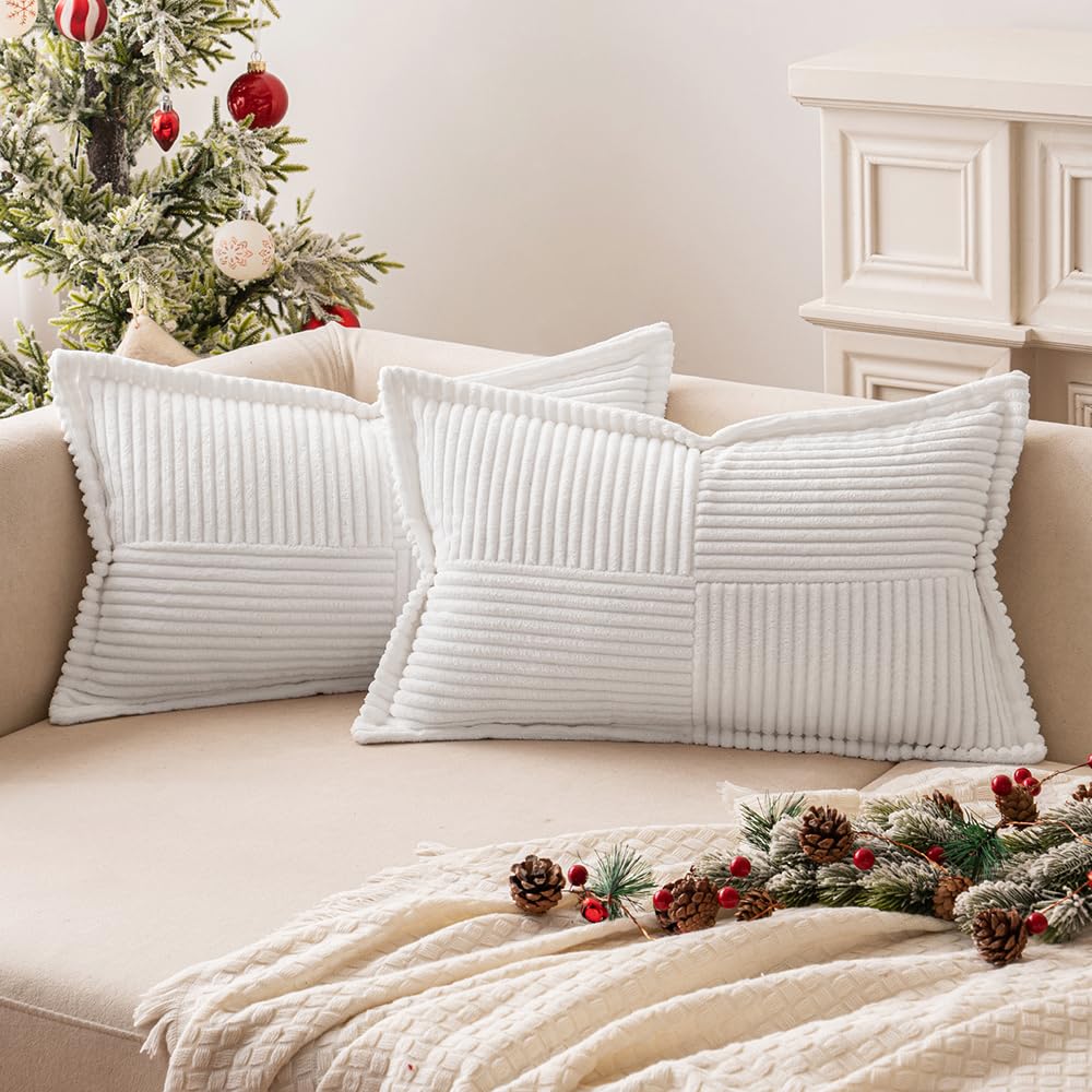 MIULEE Decorative Throw Pillow Covers for Couch Bed Livingroom 20x20 Inch Set of 2 Beige Boho Accent Throw Pllows Broadside Striped Patchwork Soft Corduroy Pillowcases