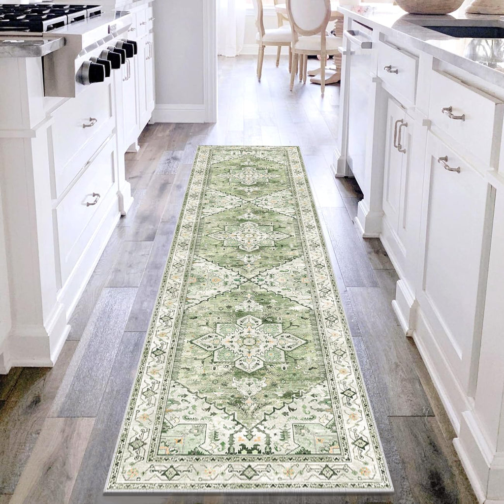 Yamaziot Washable Runner Rug, 2x8 Non-Slip Boho Vintage Hallway Rug Runner with Rubber Backing, Stain Resistant & Low Pile Faux Wool Distressed Carpet Runner for Bedroom, Kitchen, Laundry, Entrance