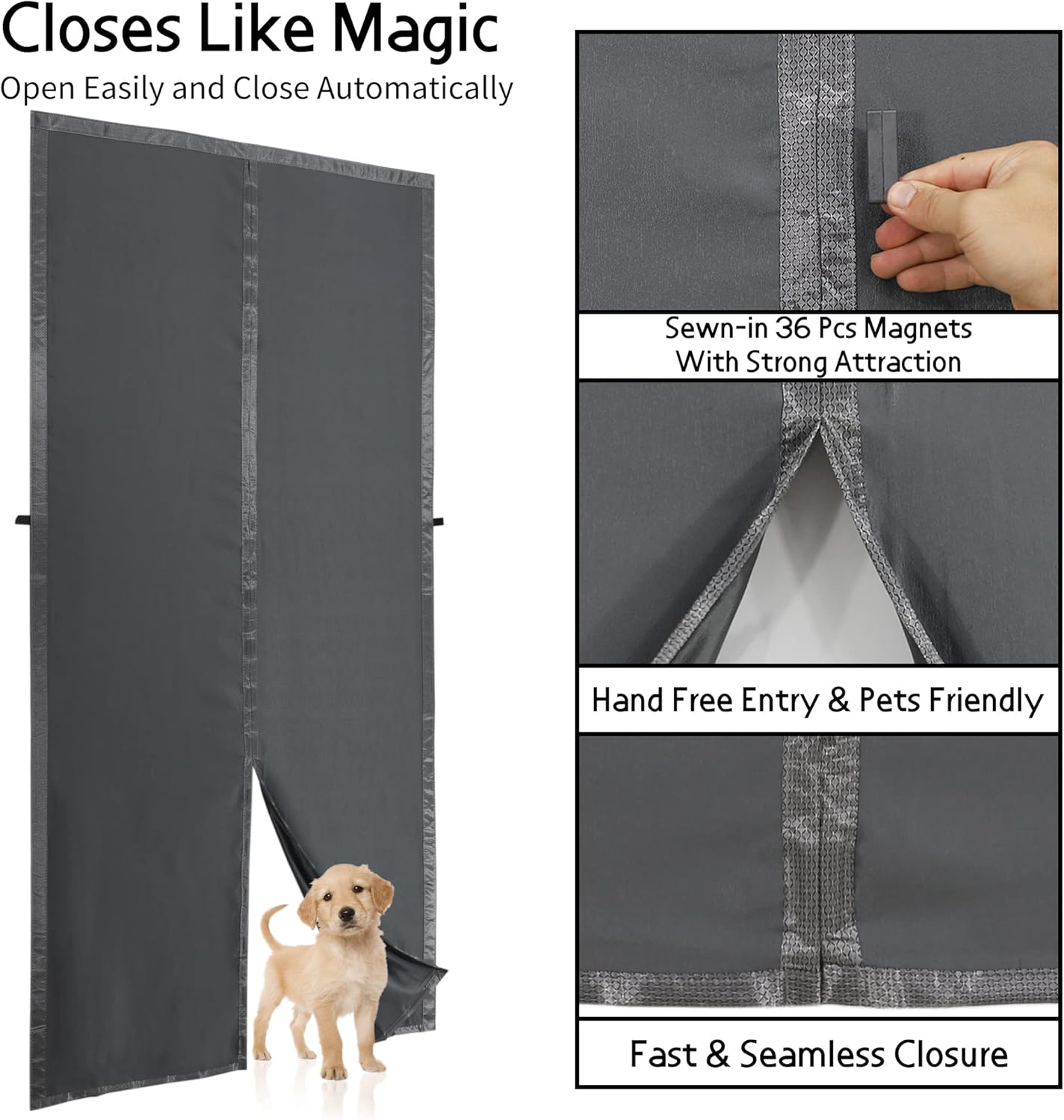 Magnetic Thermal Insulated Door Curtain,Thicker Layered Fabric Doorway Curtains,Temporary Door Insulation Cover Keep Warm Winter&Cool Summer,Dark Grey Fabric Window Insulation Kit for Winter