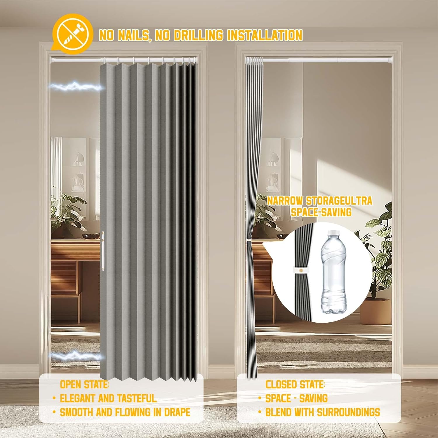 Accordion Door Curtain - 100% Light-Blocking Bedroom Door Curtain with Included Rod for Easy Installation, Suitable for Doorway Privacy Grey 43" W x 78" L