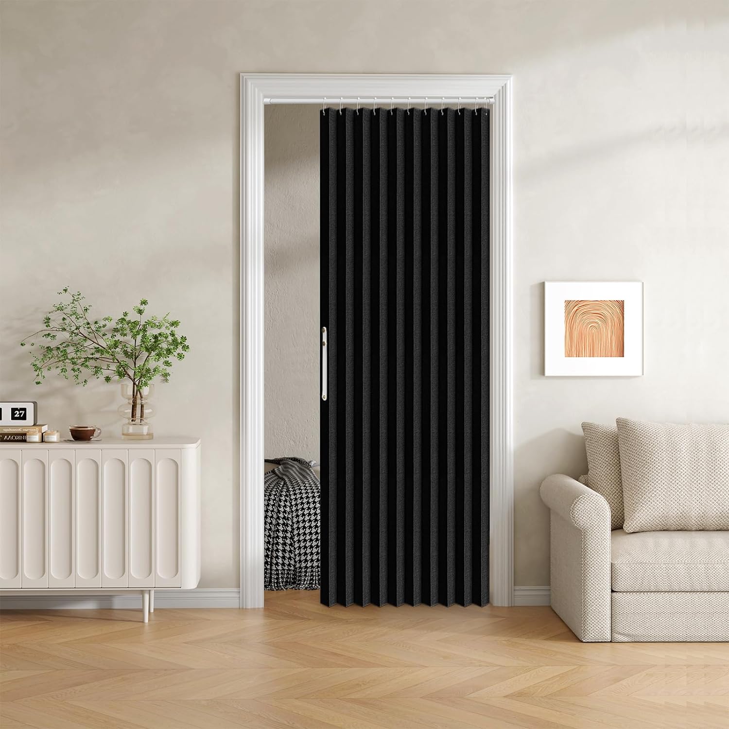 Jilron 100% Blackout Fabric Folding Door Curtain with Magnetic Closure - Accordion Style for Sliding Doors, Closets,Wardrobe and Temporary Door Solutions Doorway Curtains（W42 x L78, Black，1 Panel）