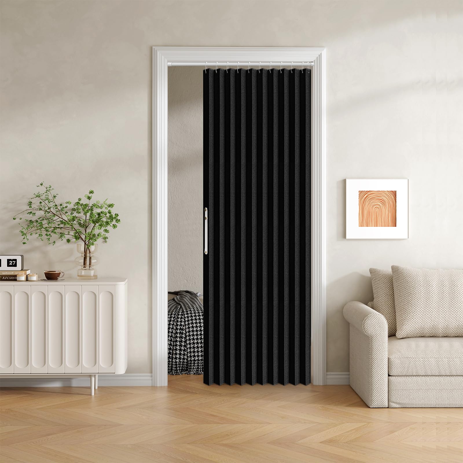 Jilron 100% Blackout Fabric Folding Door Curtain with Magnetic Closure - Accordion Style for Sliding Doors, Closets,Wardrobe and Temporary Door Solutions Doorway Curtains（W42 x L78, Black，1 Panel）