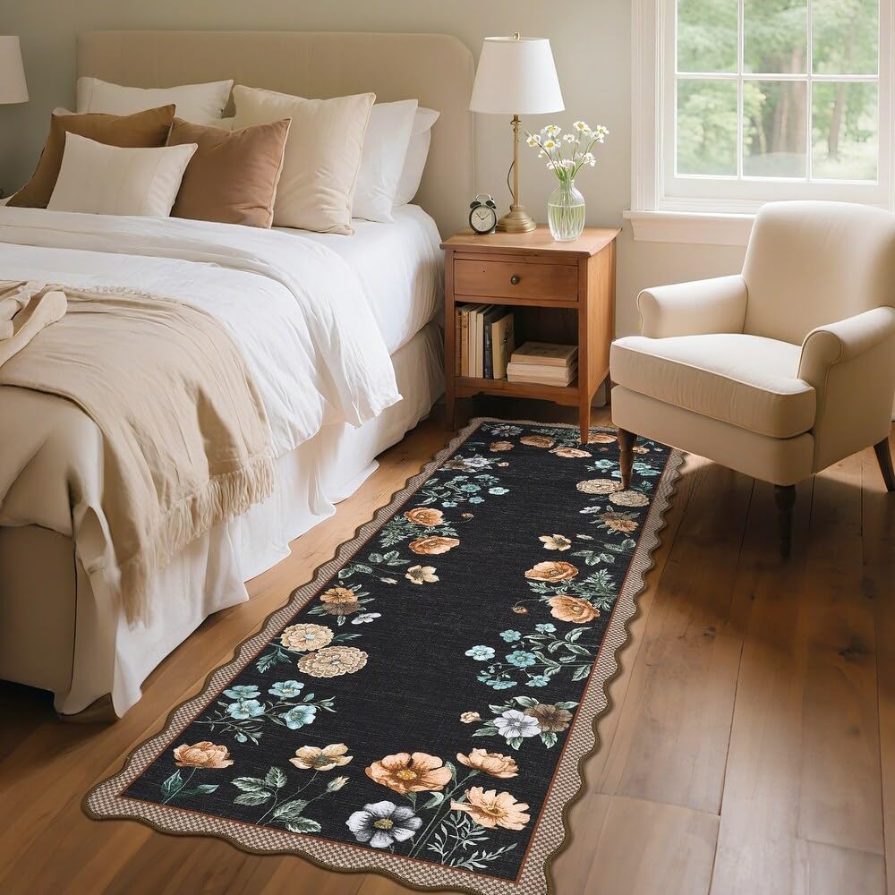 GarveeHome Floral Scalloped Kitchen Runner Rug, 2X6 Washable Hallway Runner Non-Slip, Soft Print Laundry Room Rug Low-Pile Stain Resistant Boho Carpet for Bathroom Bedroom Dorm, Black