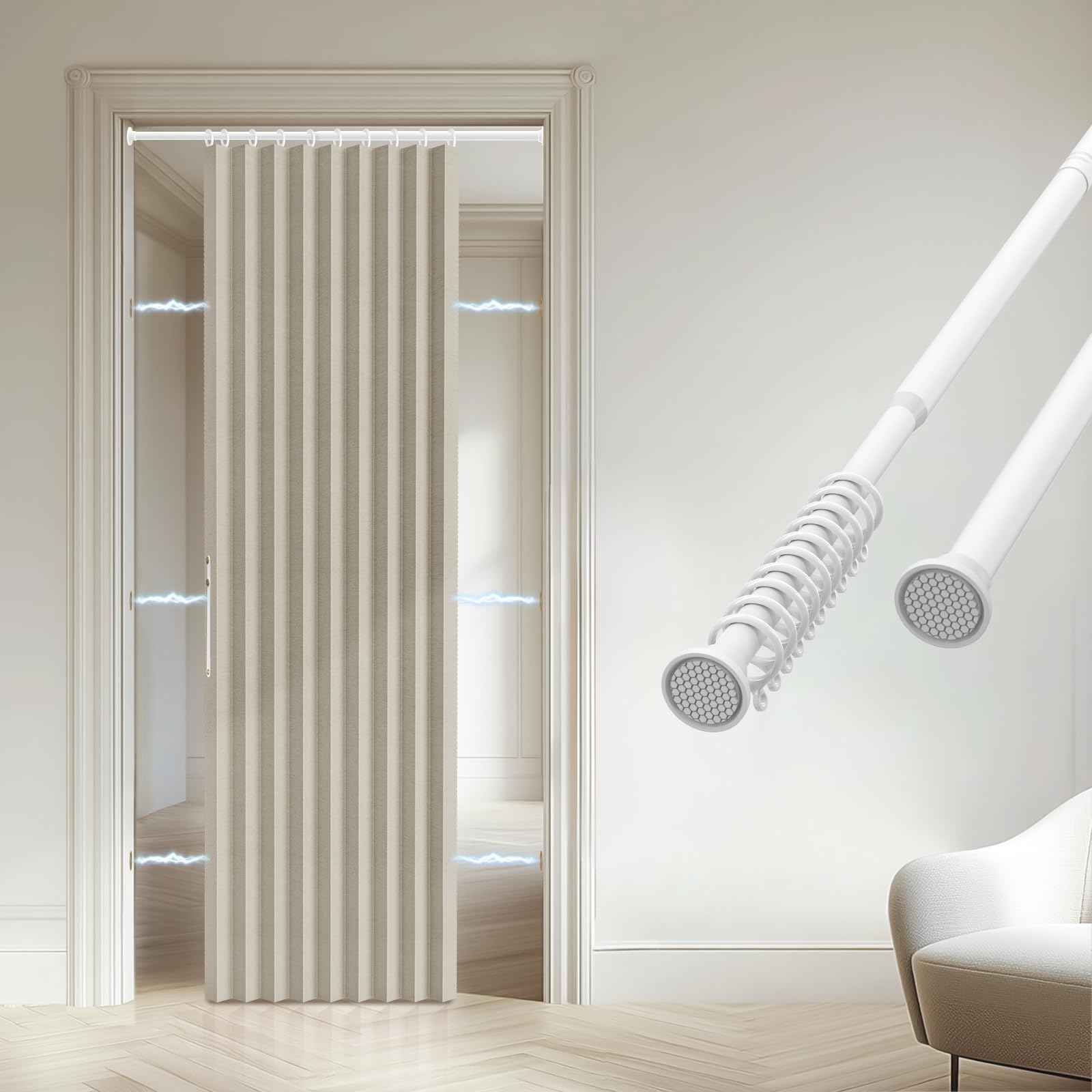 Accordion Door Curtain - 100% Light-Blocking Bedroom Door Curtain with Included Rod for Easy Installation, Suitable for Doorway Privacy Grey 43" W x 78" L
