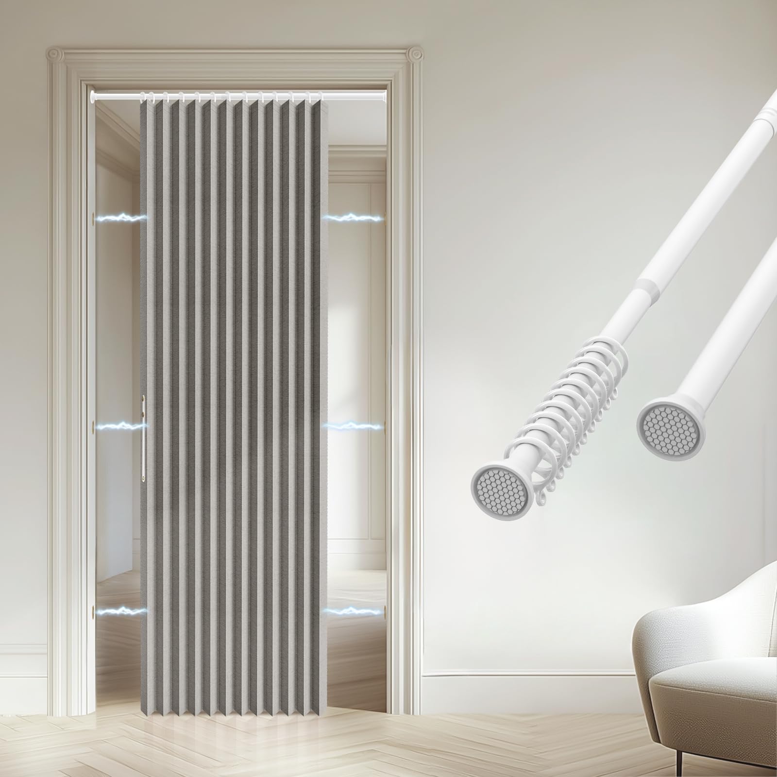 Accordion Door Curtain - 100% Light-Blocking Bedroom Door Curtain with Included Rod for Easy Installation, Suitable for Doorway Privacy Grey 43" W x 78" L