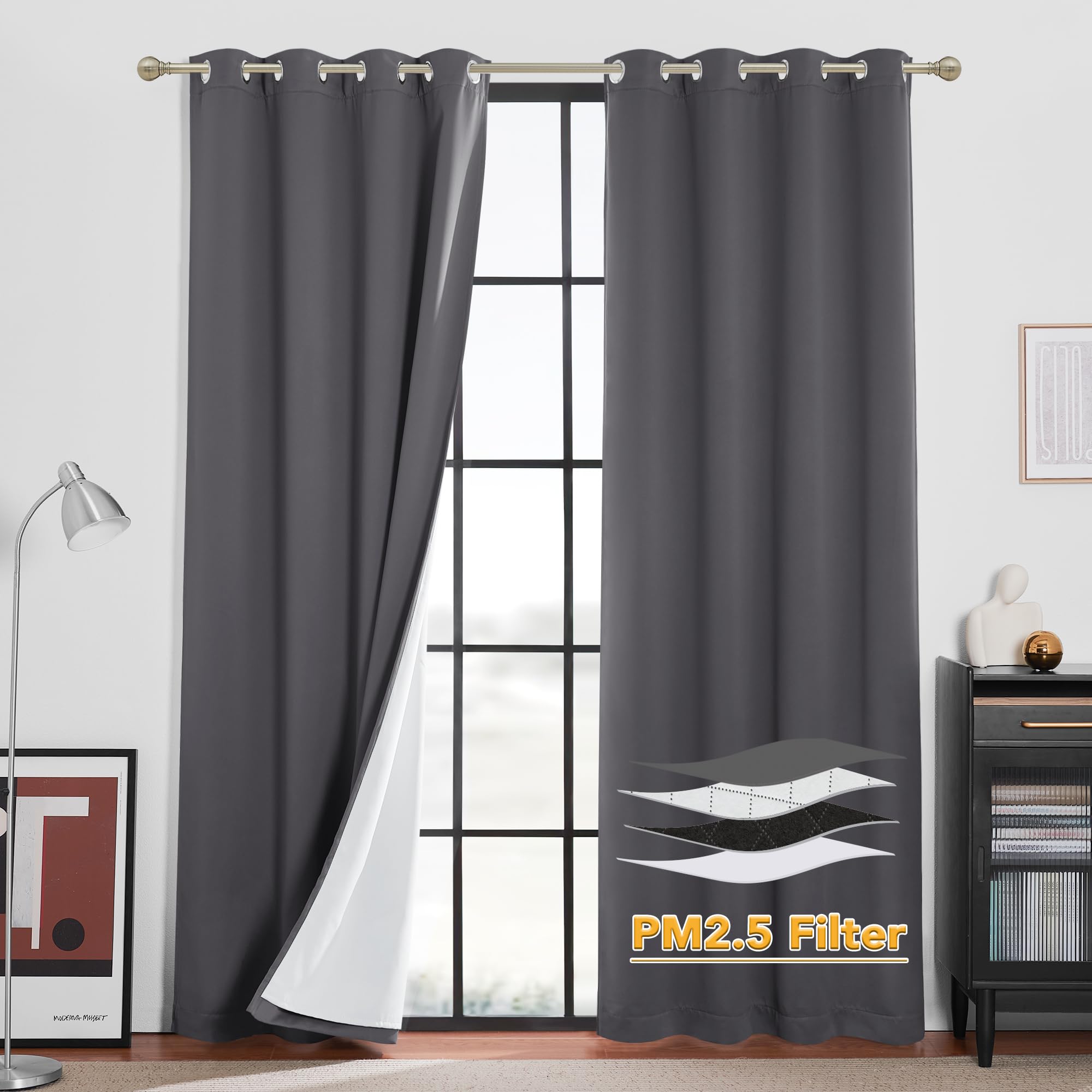 RYB HOME Dustproof Curtains for Large Window, Soundproof Thermal Insulated Blackout Curtains for Sliding Glass Door Furance Office Dorm Bedroom Living Room, Silver Grey, W62 x L95 inch, 2 Panels