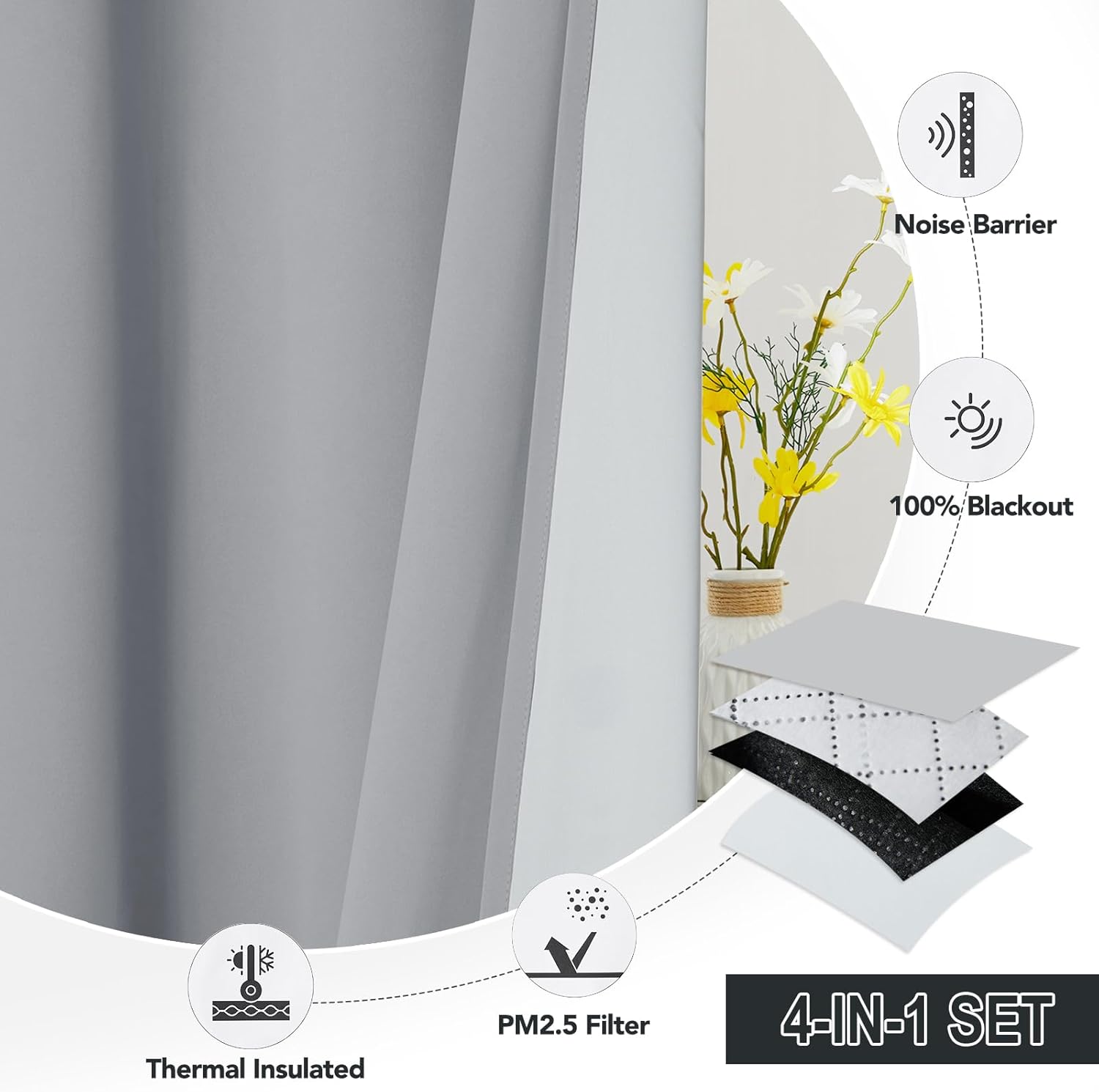 RYB HOME Dustproof Curtains for Large Window, Soundproof Thermal Insulated Blackout Curtains for Sliding Glass Door Furance Office Dorm Bedroom Living Room, Silver Grey, W62 x L95 inch, 2 Panels