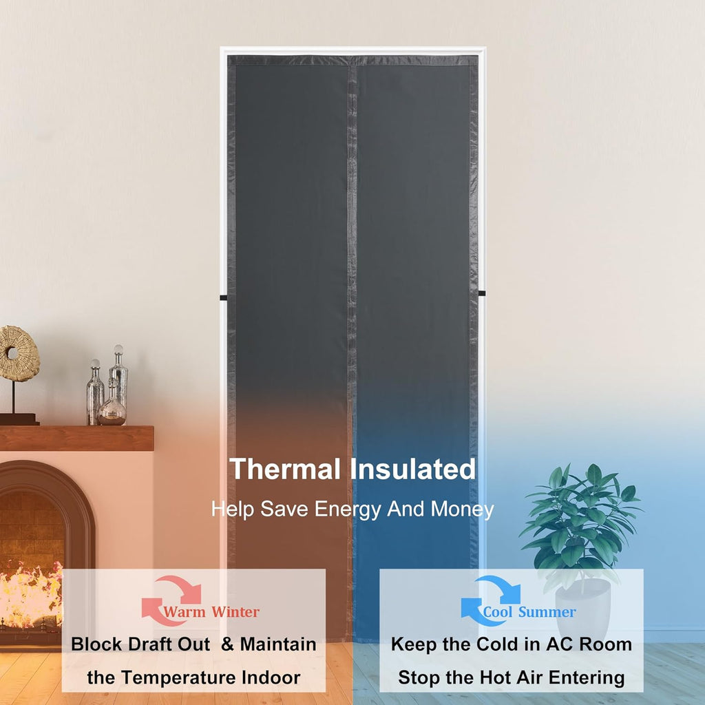 Magnetic Thermal Insulated Door Curtain,Thicker Layered Fabric Doorway Curtains,Temporary Door Insulation Cover Keep Warm Winter&Cool Summer,Dark Grey Fabric Window Insulation Kit for Winter