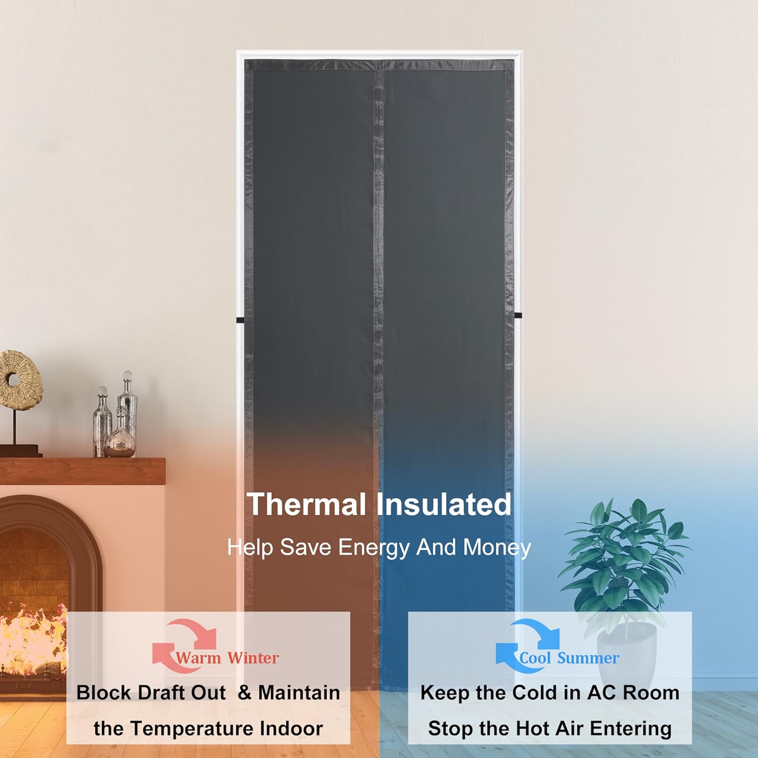 Magnetic Thermal Insulated Door Curtain,Thicker Layered Fabric Doorway Curtains,Temporary Door Insulation Cover Keep Warm Winter&Cool Summer,Dark Grey Fabric Window Insulation Kit for Winter