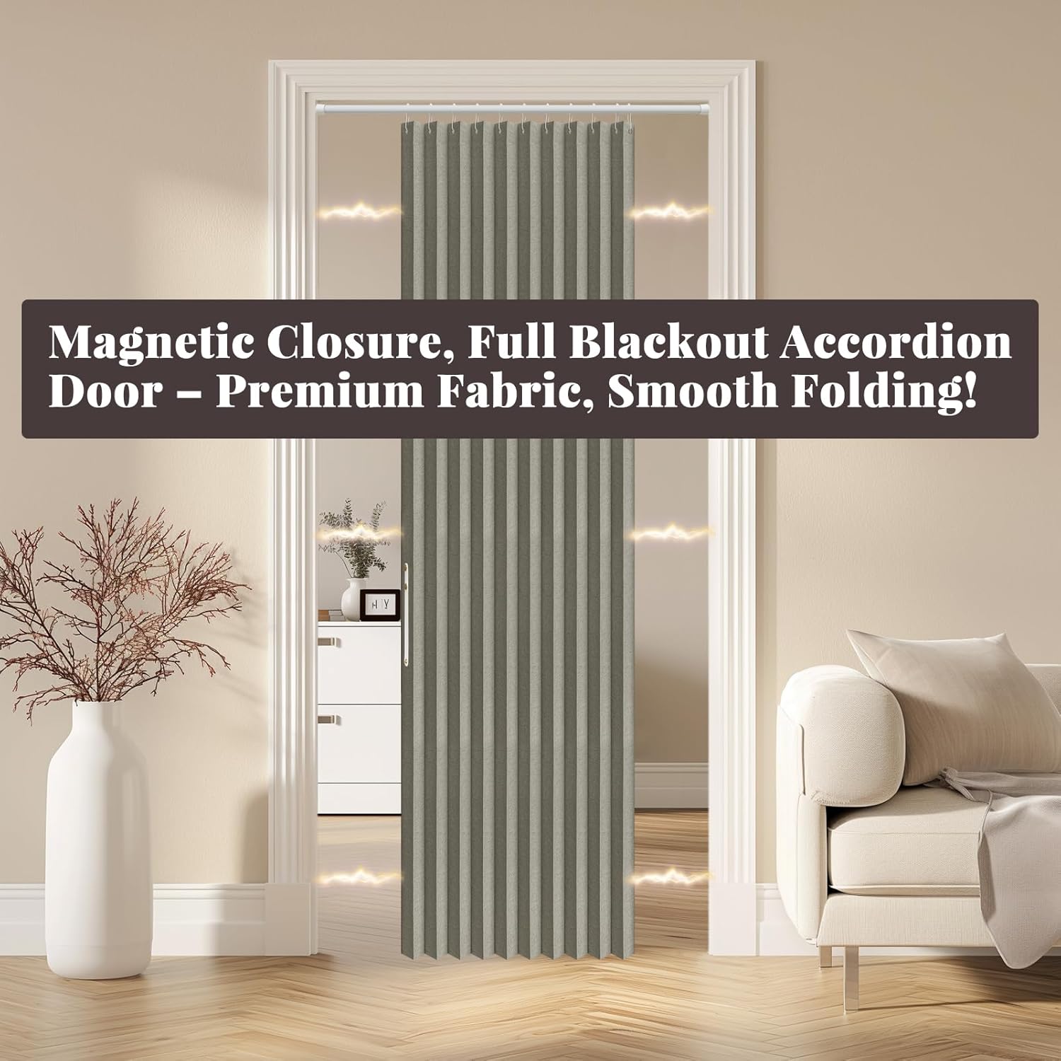 AJAZZ 100% Blackout Accordion Door Magnetic Door Curtain Folding Closet Doors Curtain Invisible Applicable Bedroom Room Living Room Doorway （Grey 42" W x 78" L 1 Panel