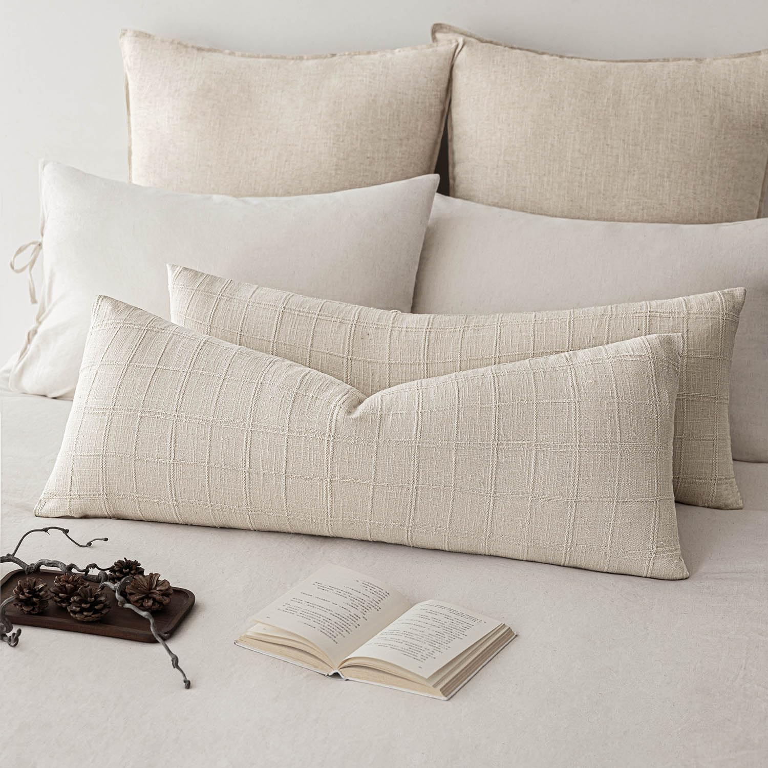 Foindtower Set of 2 Decorative Linen Check Throw Pillow Covers Neutral Farmhouse Vintage Cushion Covers Modern Boho Home Decor for Sofa Chair Couch Bedroom Living Room,18×18 Inch,Natural Beige