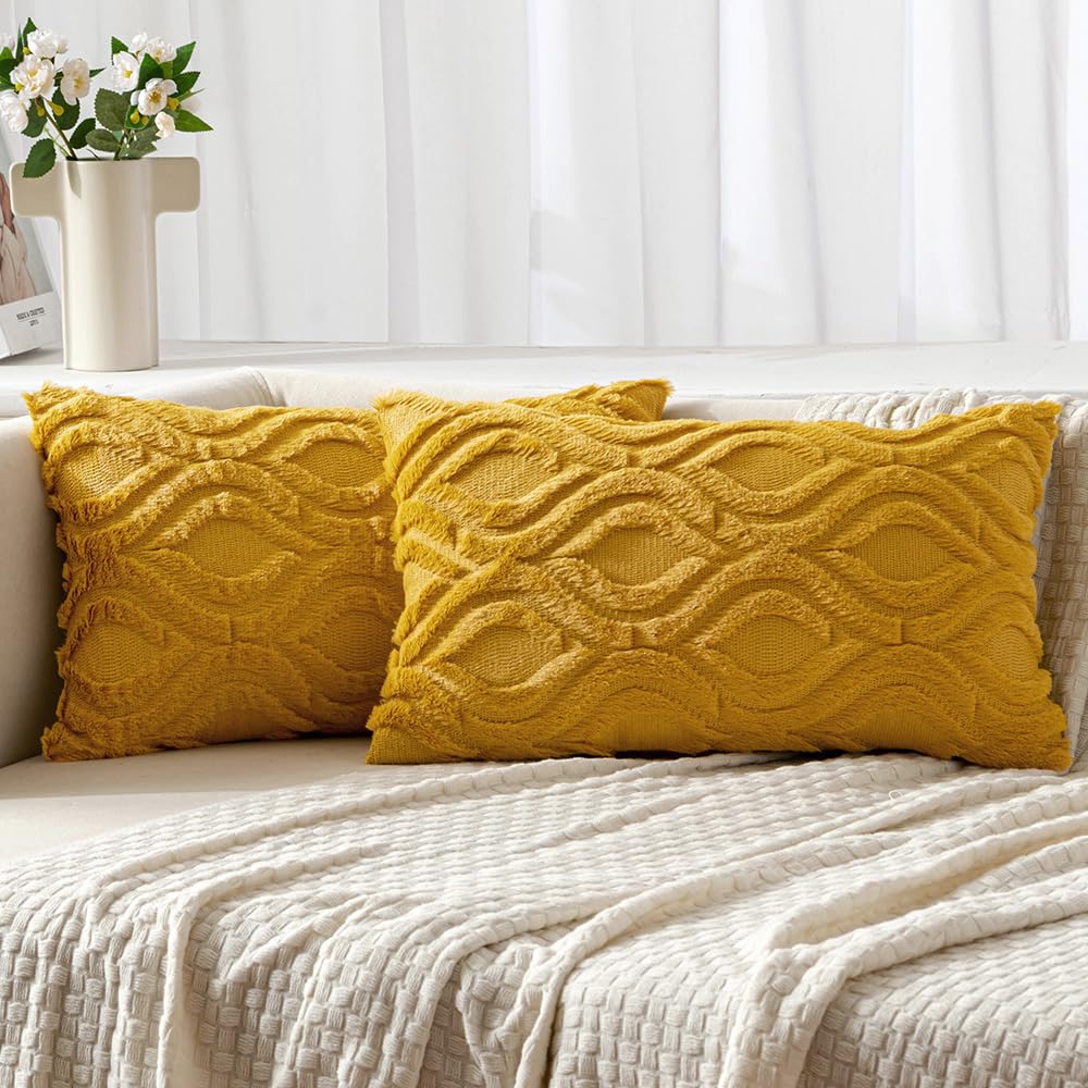 Set of 2 18x18 Inch Mustard Yellow Soft Plush Faux Wool Throw Pillow Covers Farmhouse Boho Decor for Sofa Bed Living Room