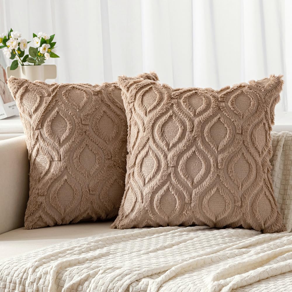 Set of 2 18x18 Inch Mustard Yellow Soft Plush Faux Wool Throw Pillow Covers Farmhouse Boho Decor for Sofa Bed Living Room