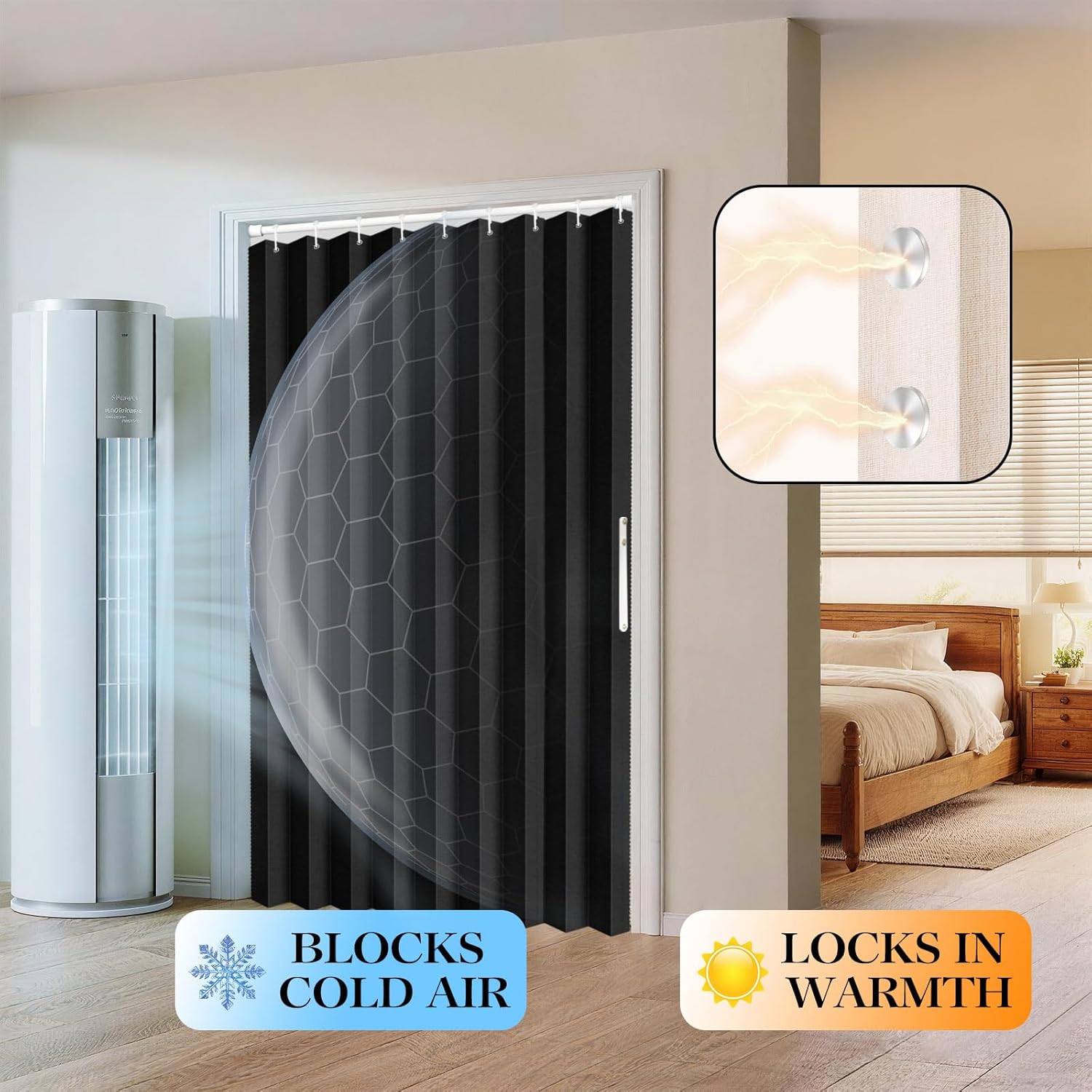 Jilron 100% Blackout Fabric Folding Door Curtain with Magnetic Closure - Accordion Style for Sliding Doors, Closets,Wardrobe and Temporary Door Solutions Doorway Curtains（W42 x L78, Black，1 Panel）