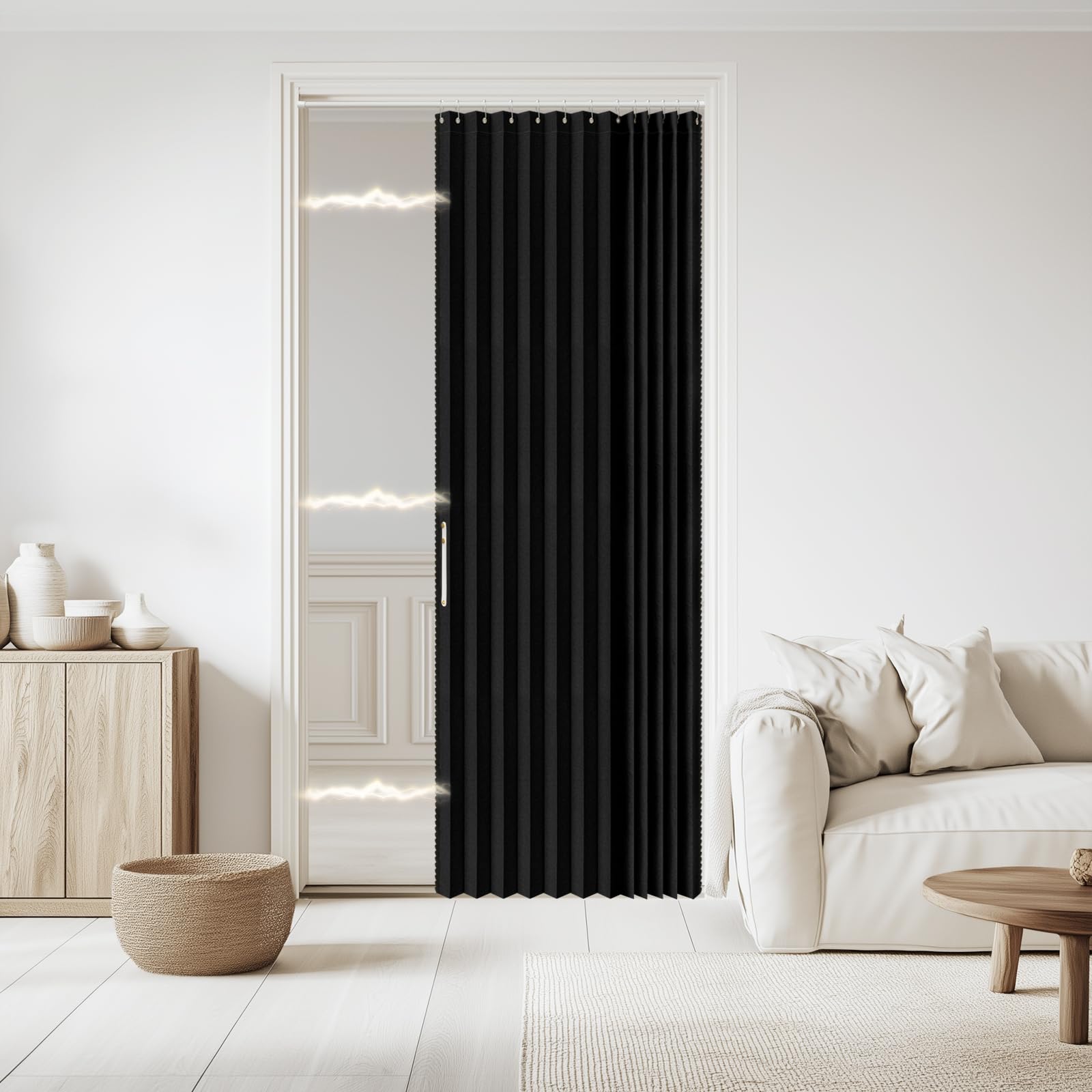 Jilron 100% Blackout Fabric Folding Door Curtain with Magnetic Closure - Accordion Style for Sliding Doors, Closets,Wardrobe and Temporary Door Solutions Doorway Curtains（W42 x L78, Black，1 Panel）
