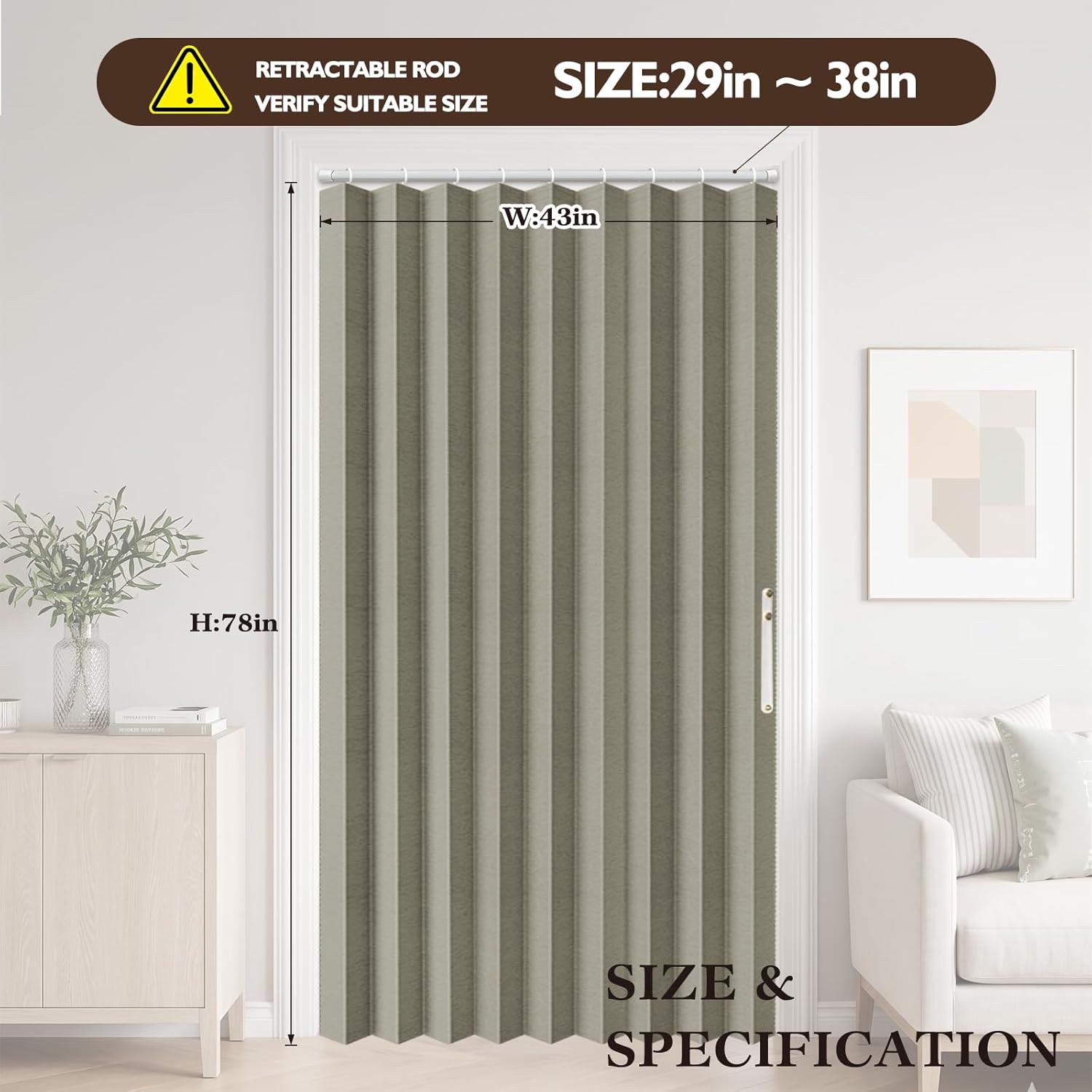 Accordion Door Curtain - 100% Light-Blocking Bedroom Door Curtain with Included Rod for Easy Installation, Suitable for Doorway Privacy Grey 43" W x 78" L