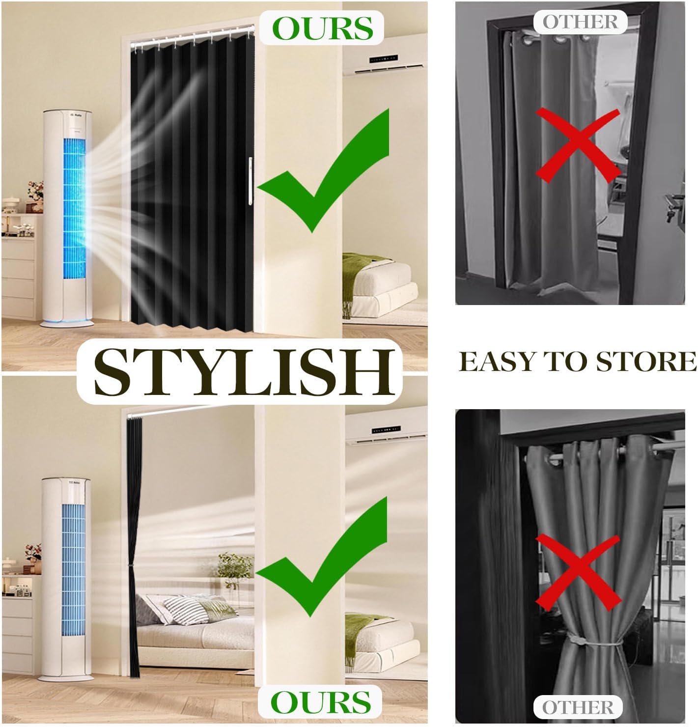 Jilron 100% Blackout Fabric Folding Door Curtain with Magnetic Closure - Accordion Style for Sliding Doors, Closets,Wardrobe and Temporary Door Solutions Doorway Curtains（W42 x L78, Black，1 Panel）