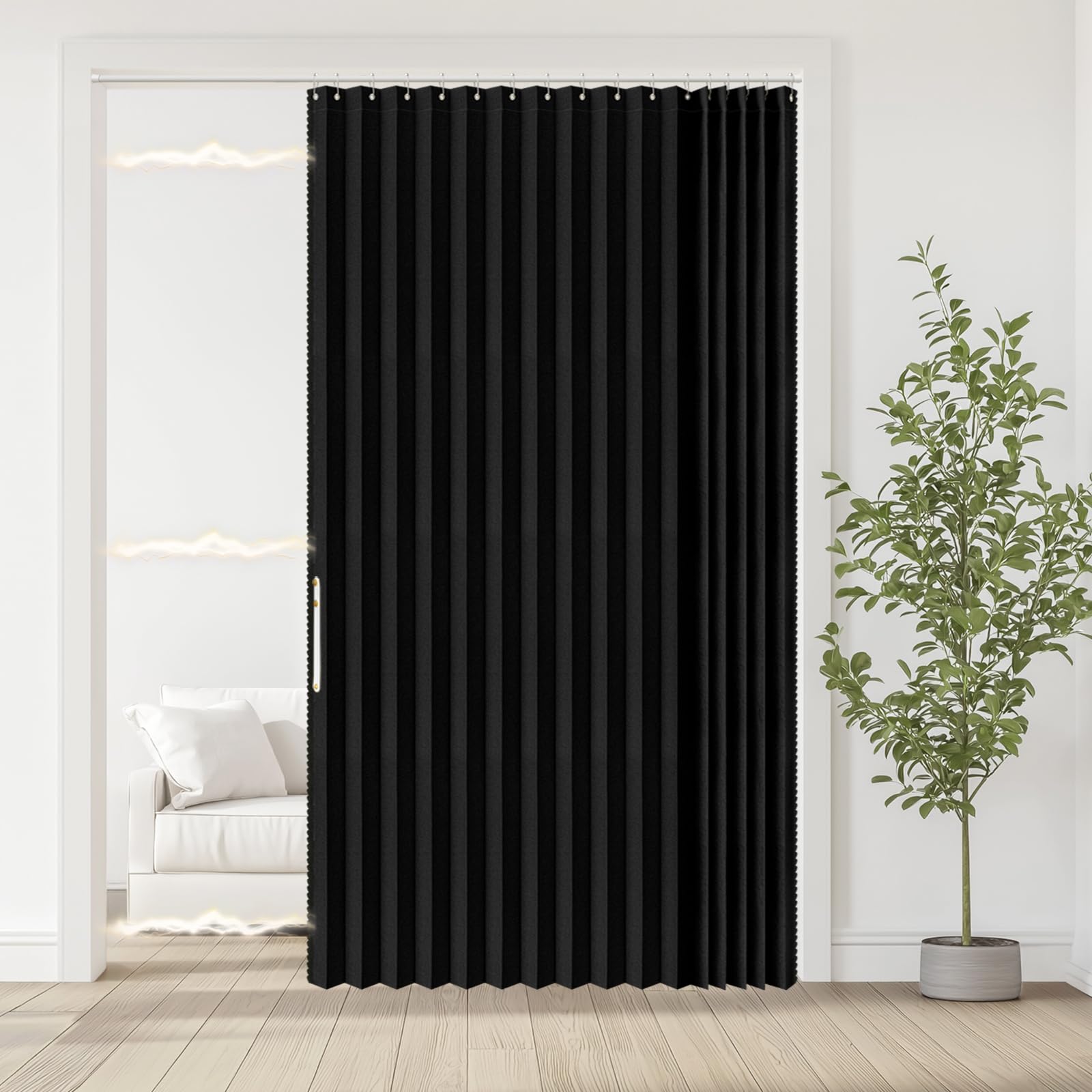 Jilron 100% Blackout Fabric Folding Door Curtain with Magnetic Closure - Accordion Style for Sliding Doors, Closets,Wardrobe and Temporary Door Solutions Doorway Curtains（W42 x L78, Black，1 Panel）
