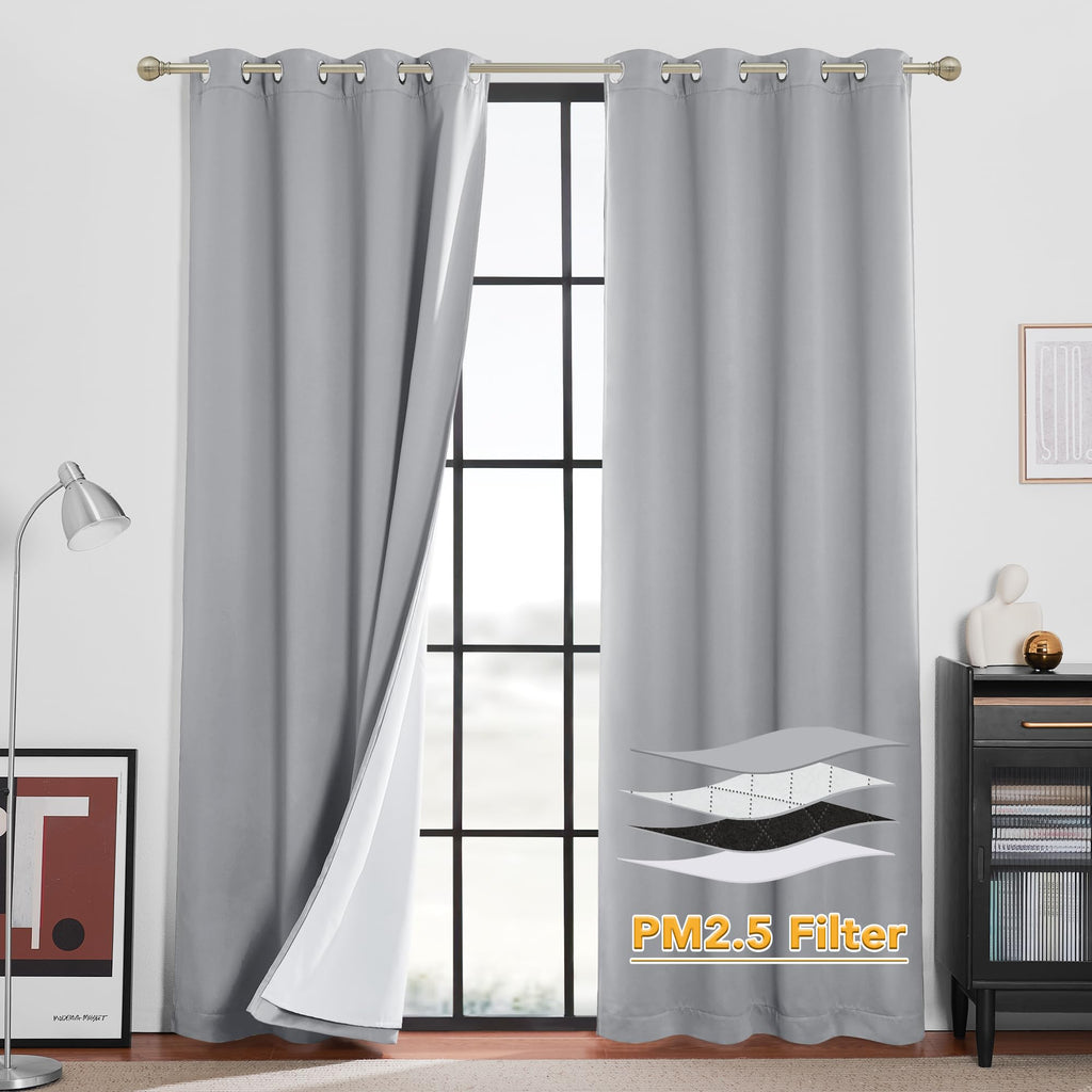 RYB HOME Dustproof Curtains for Large Window, Soundproof Thermal Insulated Blackout Curtains for Sliding Glass Door Furance Office Dorm Bedroom Living Room, Silver Grey, W62 x L95 inch, 2 Panels