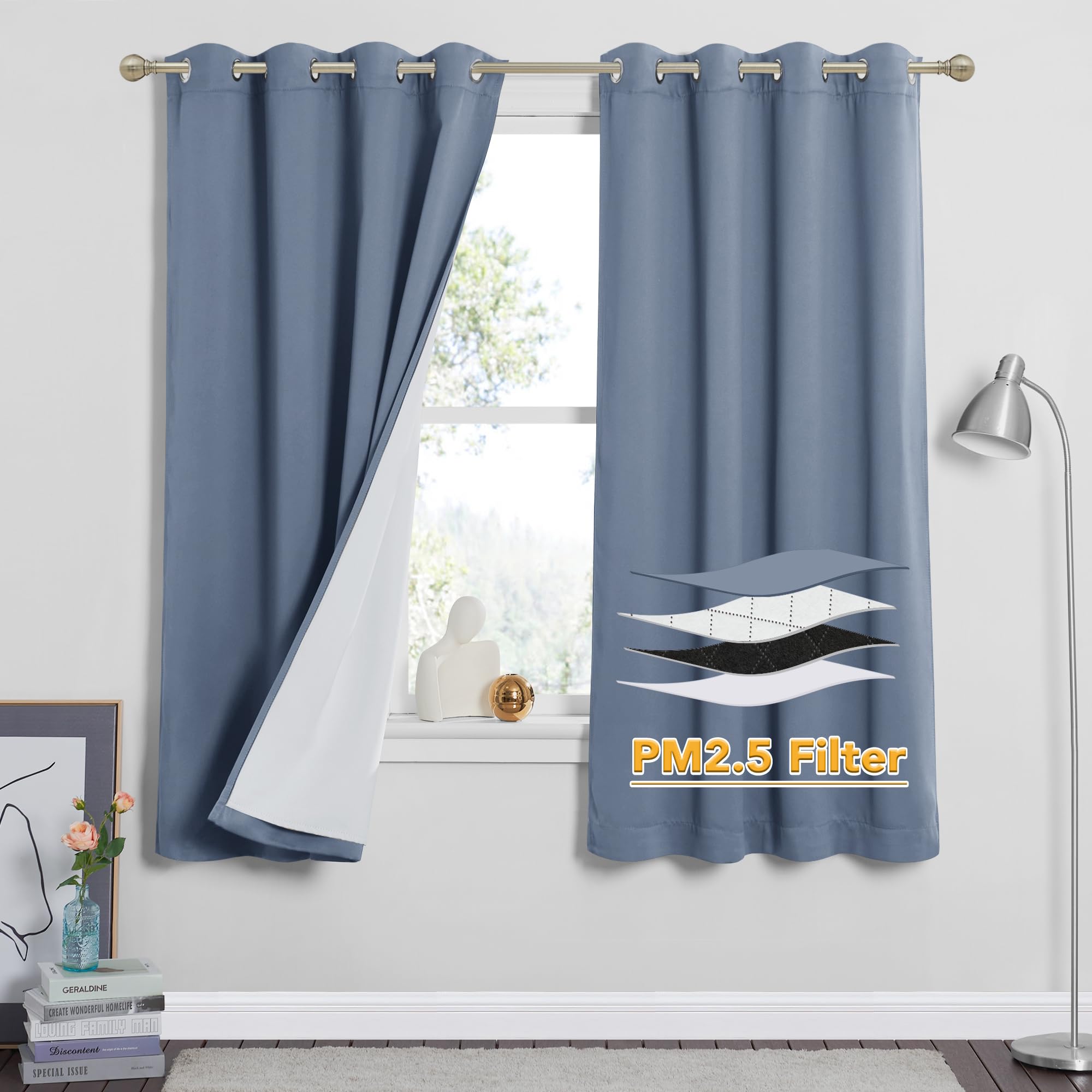 RYB HOME Dustproof Curtains for Large Window, Soundproof Thermal Insulated Blackout Curtains for Sliding Glass Door Furance Office Dorm Bedroom Living Room, Silver Grey, W62 x L95 inch, 2 Panels