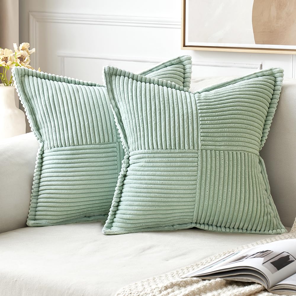 MIULEE Decorative Throw Pillow Covers for Couch Bed Livingroom 20x20 Inch Set of 2 Beige Boho Accent Throw Pllows Broadside Striped Patchwork Soft Corduroy Pillowcases