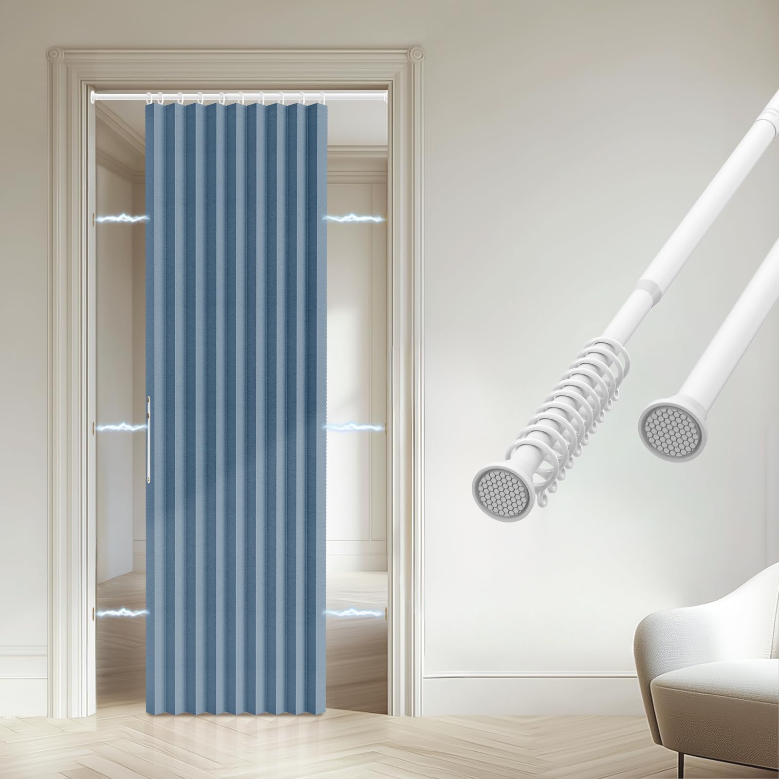 Accordion Door Curtain - 100% Light-Blocking Bedroom Door Curtain with Included Rod for Easy Installation, Suitable for Doorway Privacy Grey 43" W x 78" L