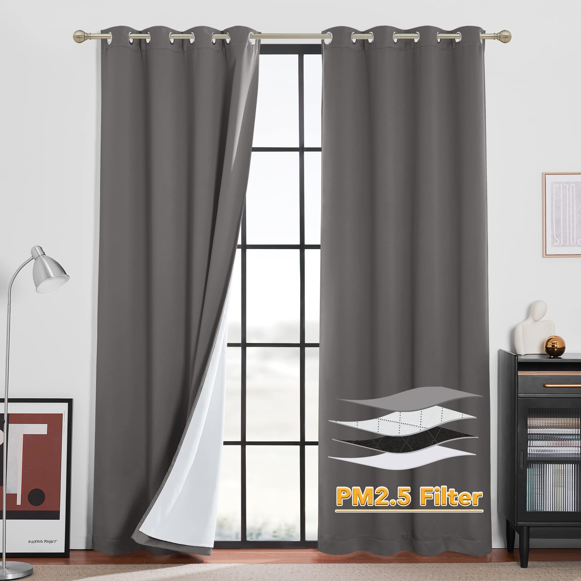 RYB HOME Dustproof Curtains for Large Window, Soundproof Thermal Insulated Blackout Curtains for Sliding Glass Door Furance Office Dorm Bedroom Living Room, Silver Grey, W62 x L95 inch, 2 Panels