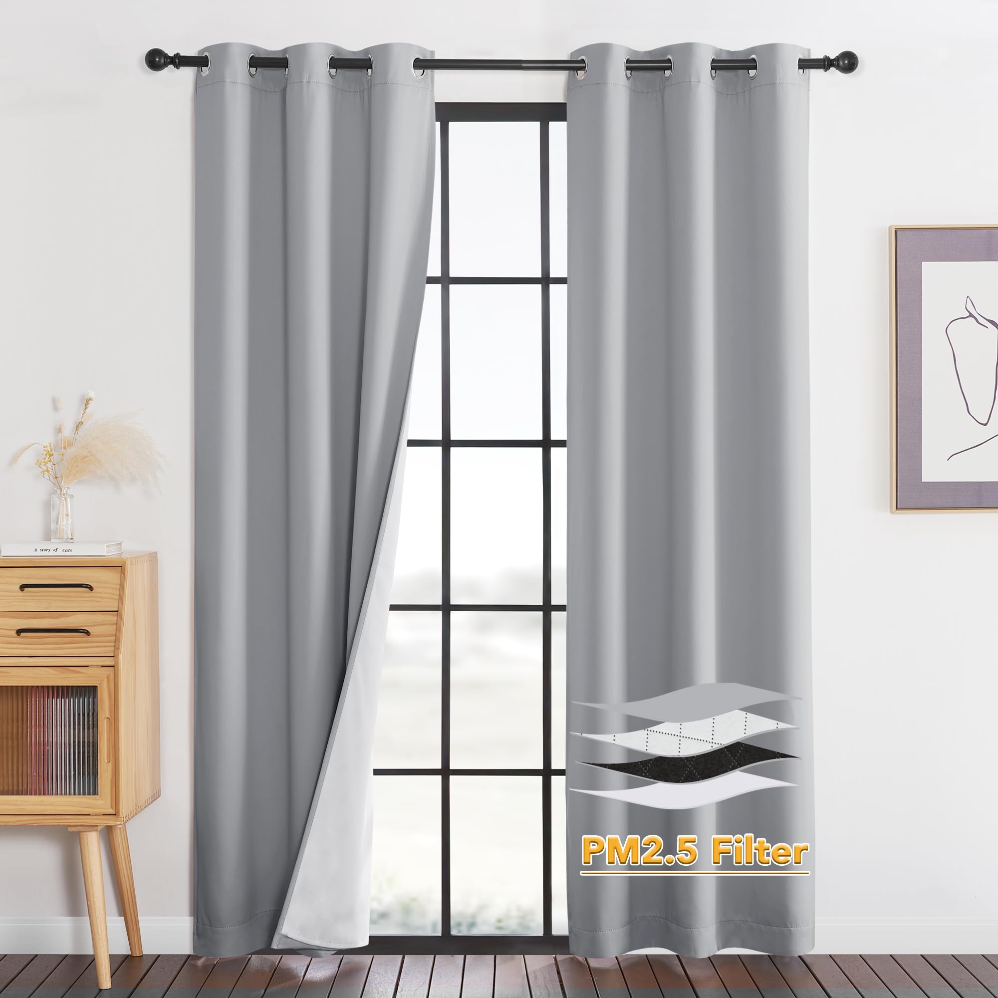 RYB HOME Dustproof Curtains for Large Window, Soundproof Thermal Insulated Blackout Curtains for Sliding Glass Door Furance Office Dorm Bedroom Living Room, Silver Grey, W62 x L95 inch, 2 Panels