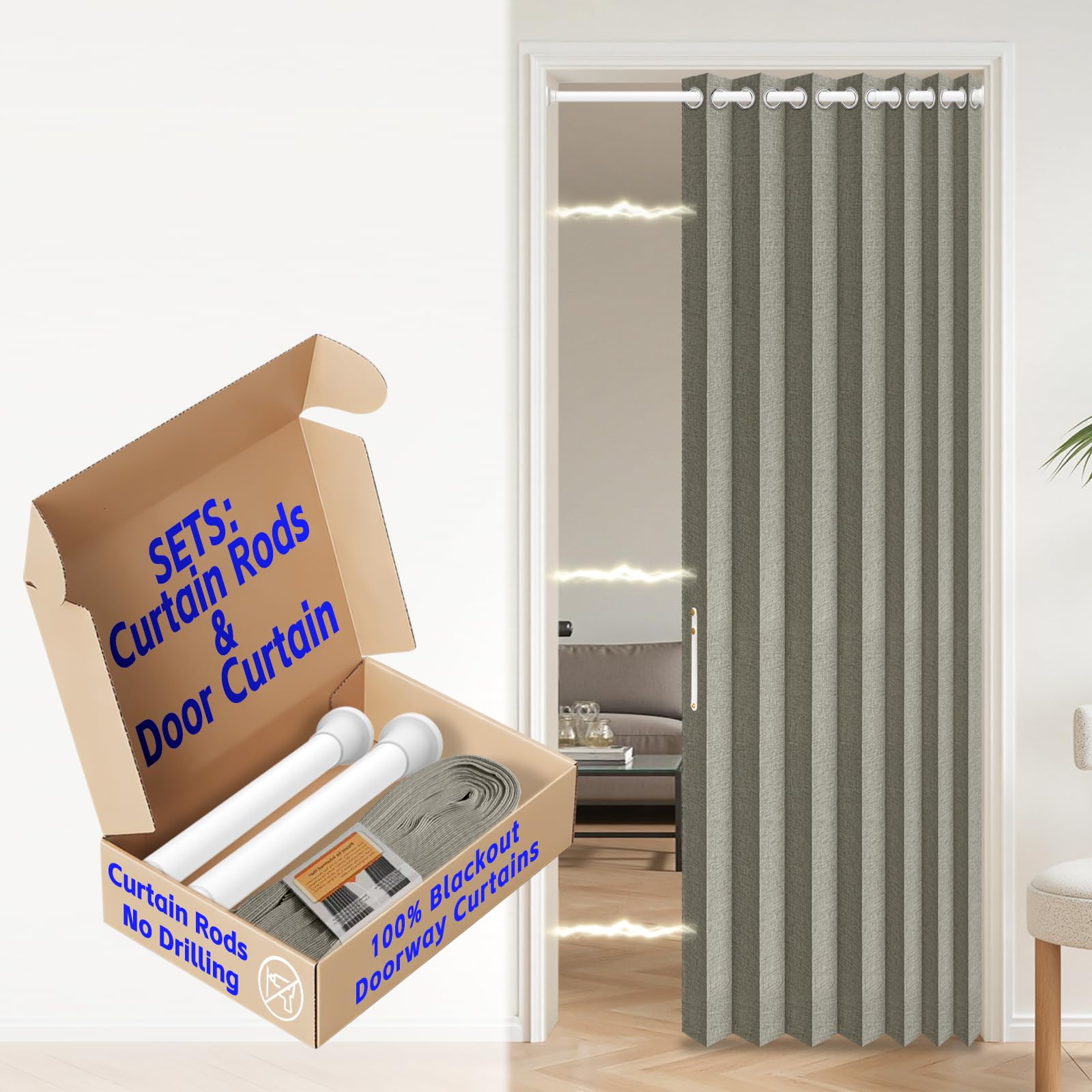 AJAZZ 100% Blackout Accordion Door Magnetic Door Curtain Folding Closet Doors Curtain Invisible Applicable Bedroom Room Living Room Doorway （Grey 42" W x 78" L 1 Panel