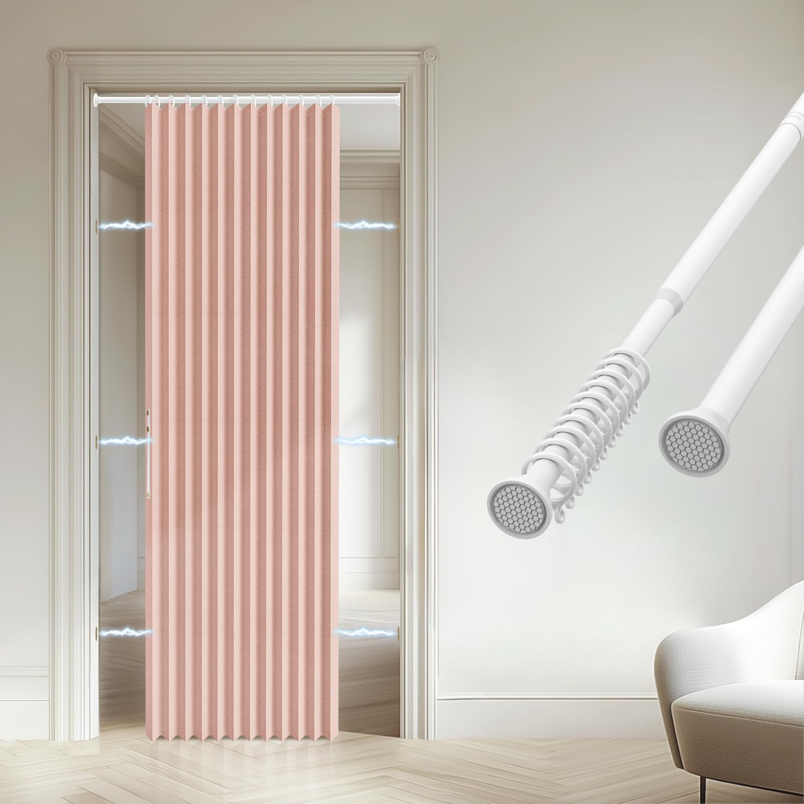 Accordion Door Curtain - 100% Light-Blocking Bedroom Door Curtain with Included Rod for Easy Installation, Suitable for Doorway Privacy Grey 43" W x 78" L