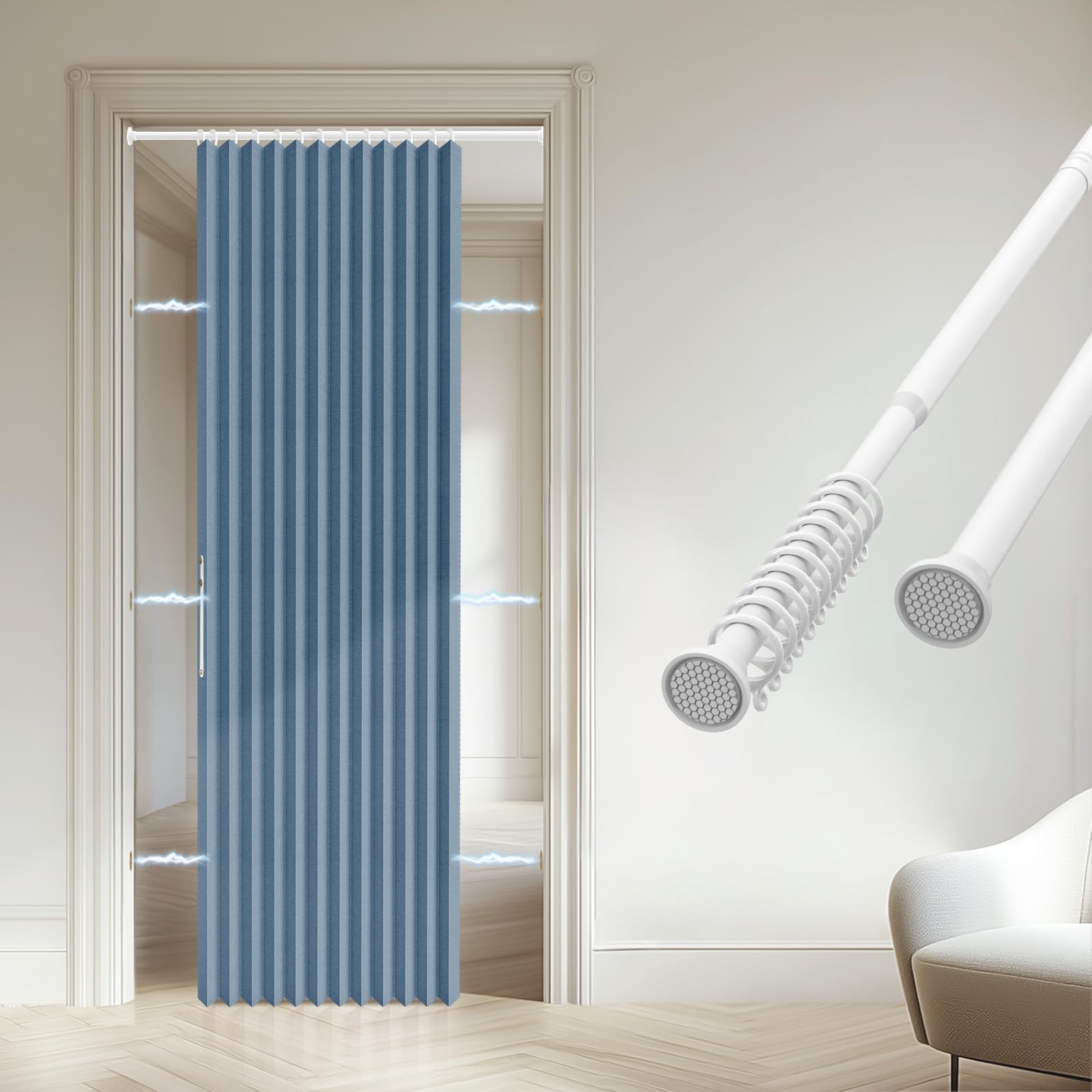Accordion Door Curtain - 100% Light-Blocking Bedroom Door Curtain with Included Rod for Easy Installation, Suitable for Doorway Privacy Grey 43" W x 78" L