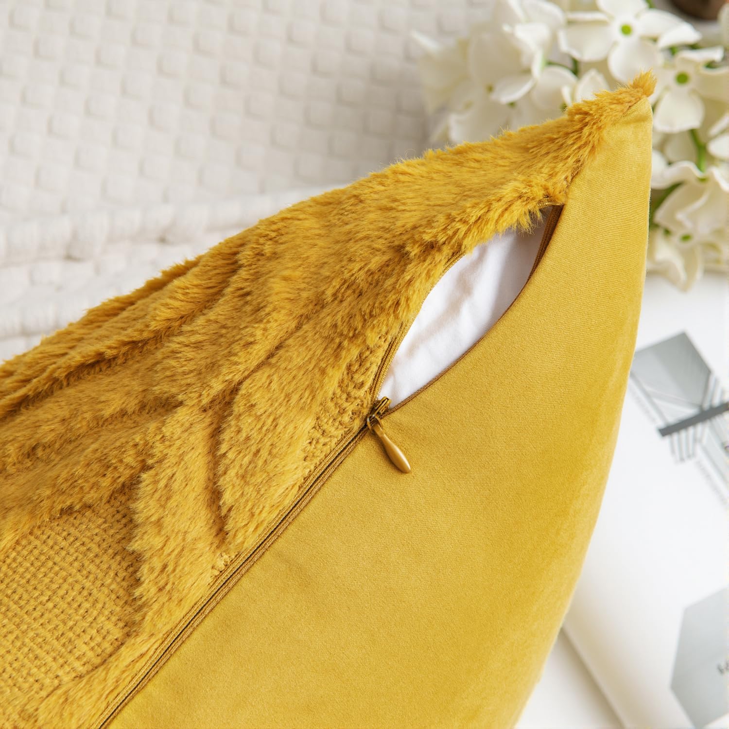 Set of 2 18x18 Inch Mustard Yellow Soft Plush Faux Wool Throw Pillow Covers Farmhouse Boho Decor for Sofa Bed Living Room