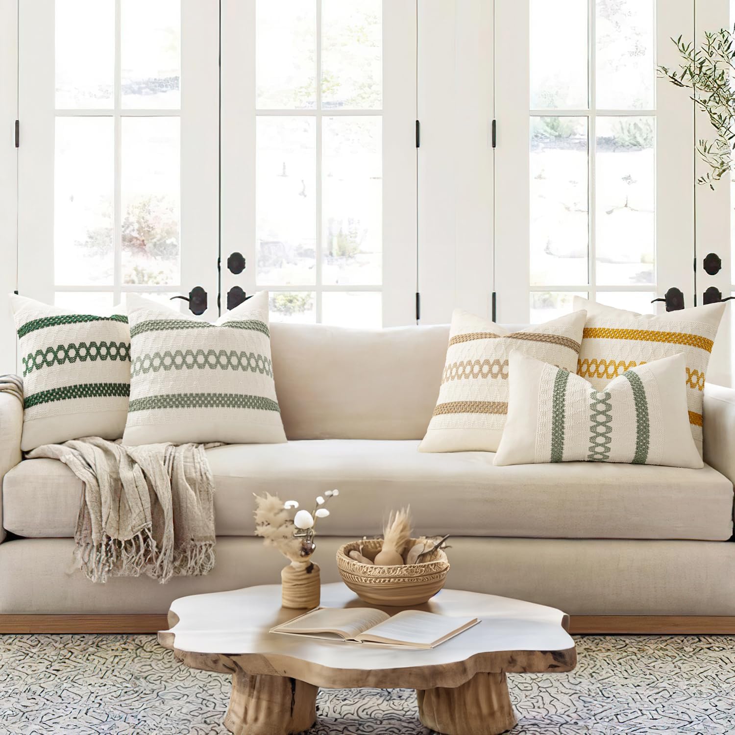 Set of 2 18x18 Inch Sage Green Macrame Woven Boho Farmhouse Pillow Covers Retro Cotton Cushion Cases for Sofa Bed Chair Summer Spring Decor