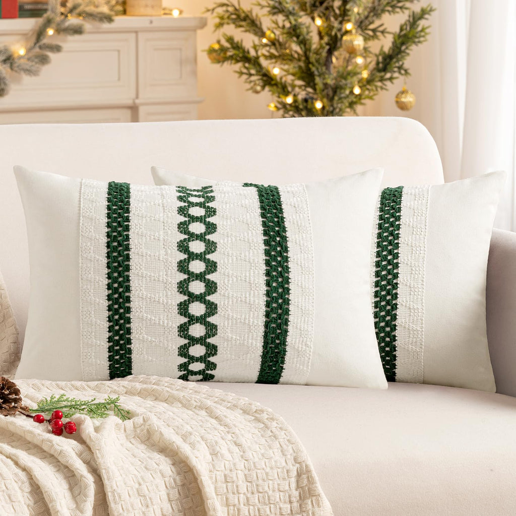 Set of 2 18x18 Inch Sage Green Macrame Woven Boho Farmhouse Pillow Covers Retro Cotton Cushion Cases for Sofa Bed Chair Summer Spring Decor