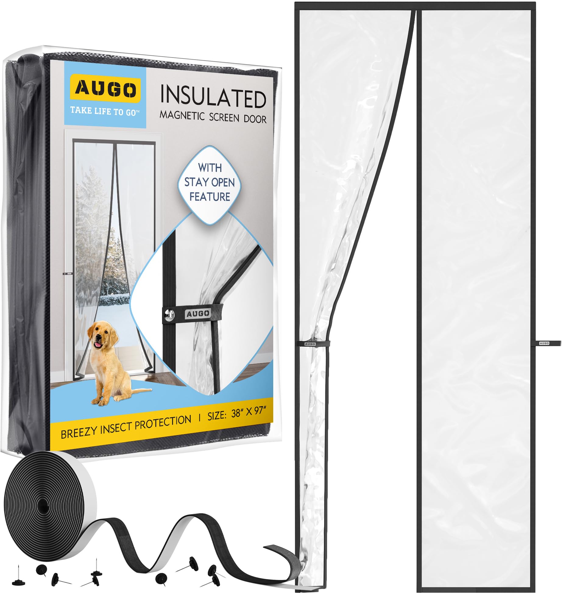 AUGO Magnetic Thermal Insulated Door Curtain - Transparent EVA Door Cover for Winter- Keeps Warm Air in and Cold Air Out - Home Winterizing Products - Patent Pending Keep Open Feature - 38 x 83 Inch