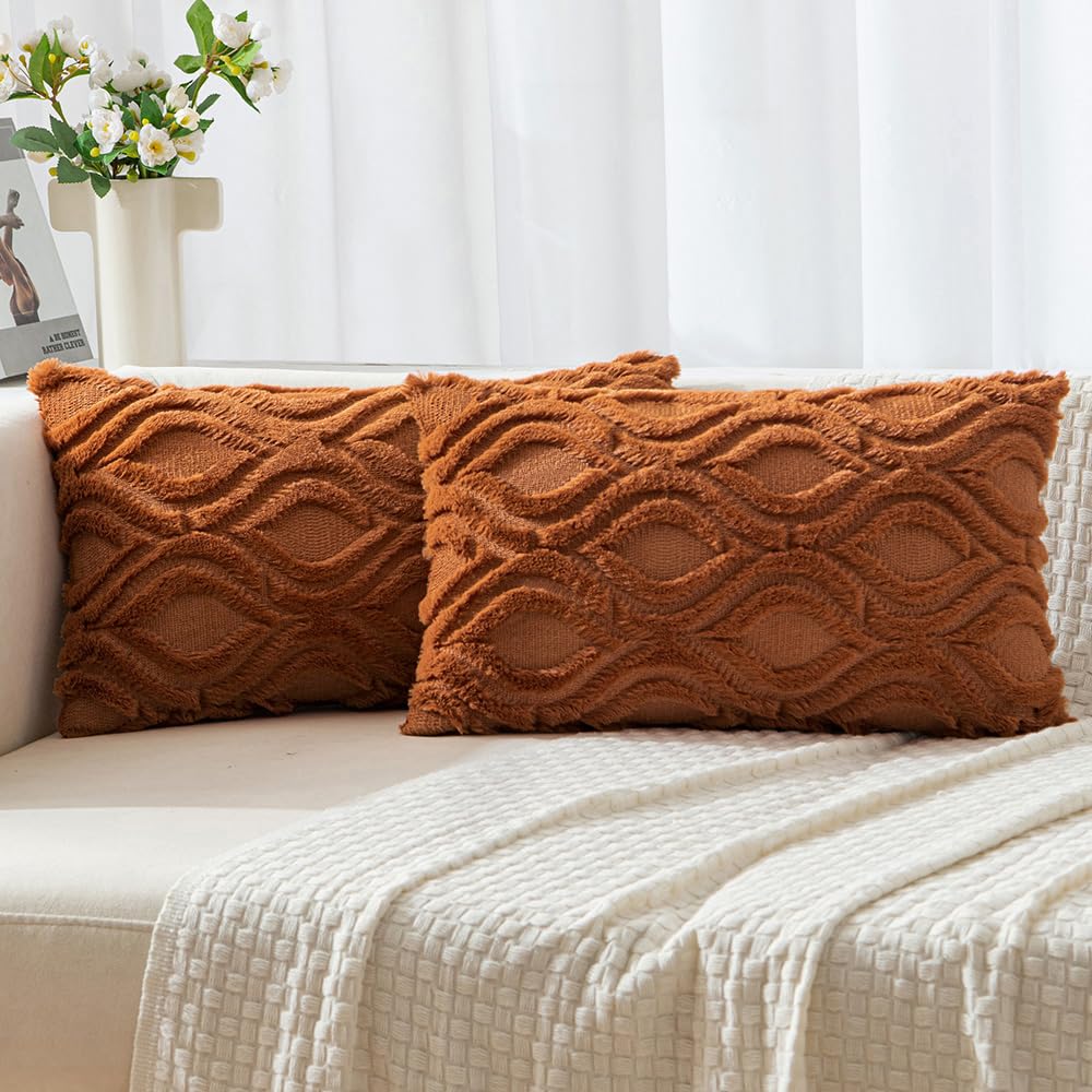 Set of 2 18x18 Inch Mustard Yellow Soft Plush Faux Wool Throw Pillow Covers Farmhouse Boho Decor for Sofa Bed Living Room