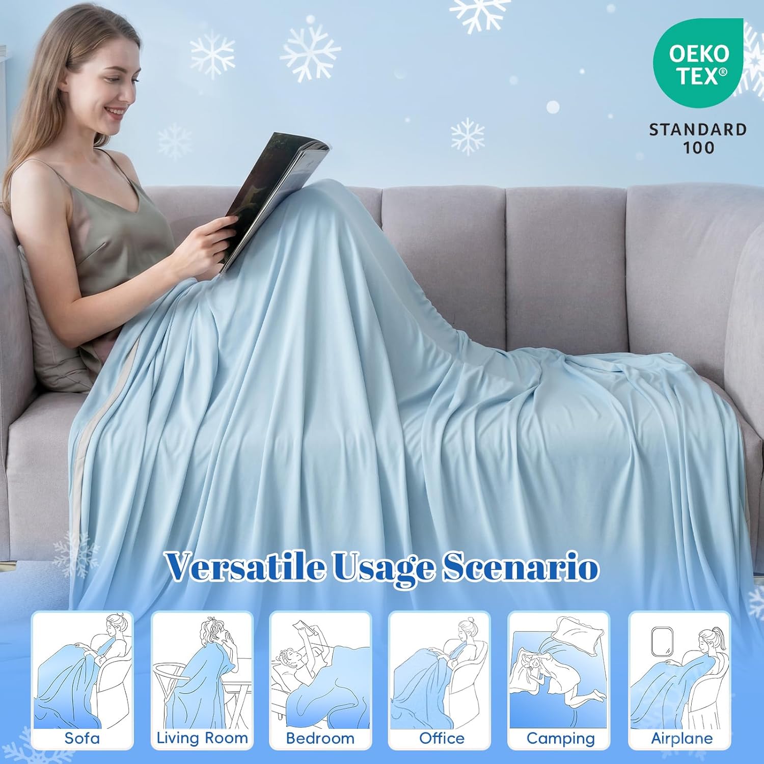 PHF Double Cooling Blanket for Hot Sleepers Queen Size, Arc-Chill Q-Max>0.5 with Double Cooling, Lightweight Summer Blanket Absorbs Heat to Keep Cool All Night for Night Sweats (Ice Blue, 90''x90'')
