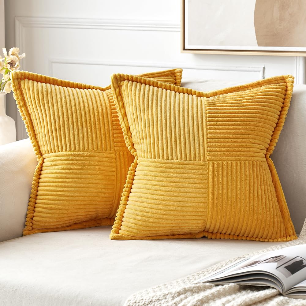 MIULEE Decorative Throw Pillow Covers for Couch Bed Livingroom 20x20 Inch Set of 2 Beige Boho Accent Throw Pllows Broadside Striped Patchwork Soft Corduroy Pillowcases