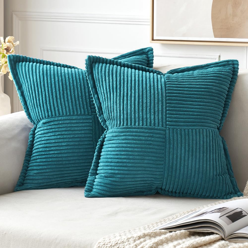 MIULEE Decorative Throw Pillow Covers for Couch Bed Livingroom 20x20 Inch Set of 2 Beige Boho Accent Throw Pllows Broadside Striped Patchwork Soft Corduroy Pillowcases