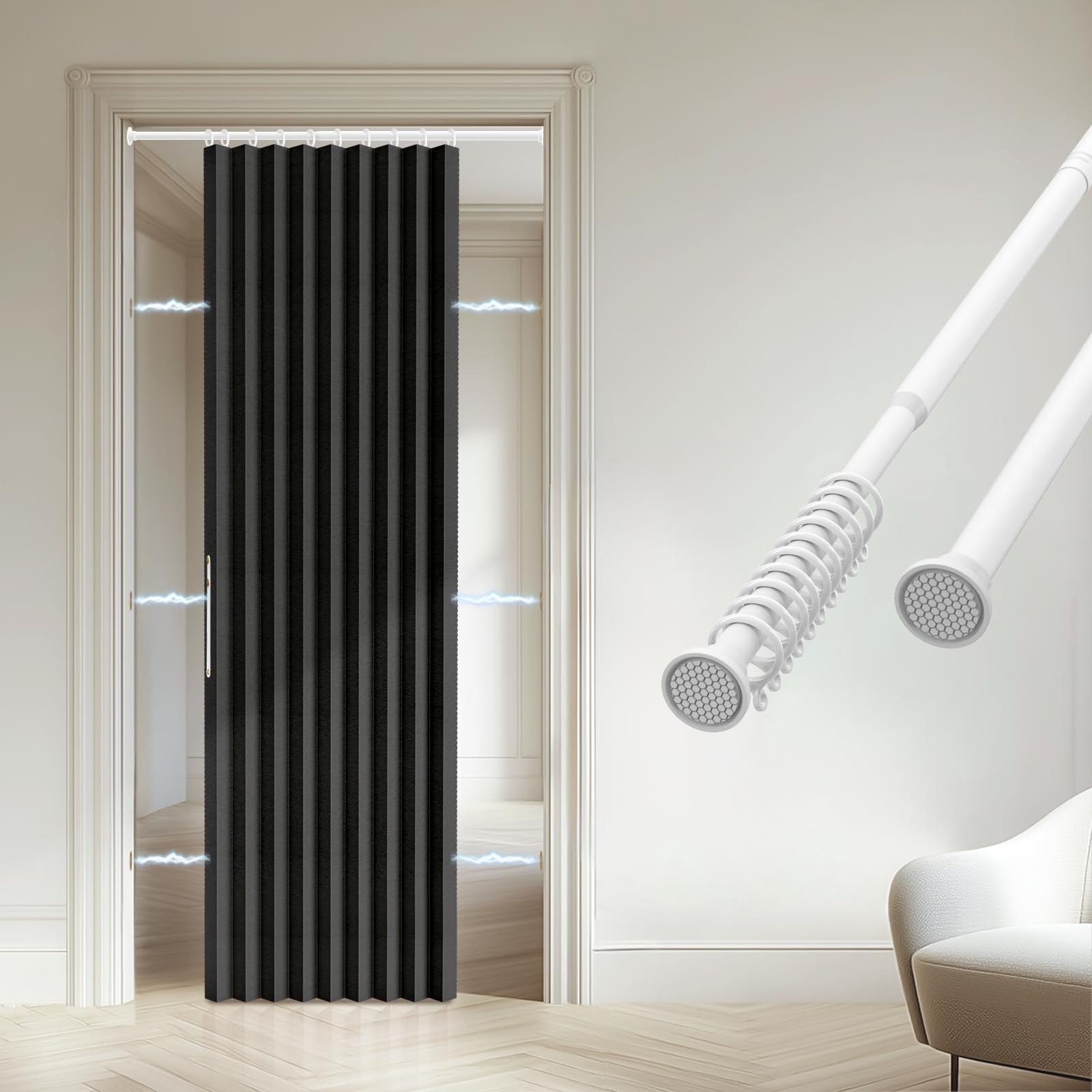 Accordion Door Curtain - 100% Light-Blocking Bedroom Door Curtain with Included Rod for Easy Installation, Suitable for Doorway Privacy Grey 43" W x 78" L