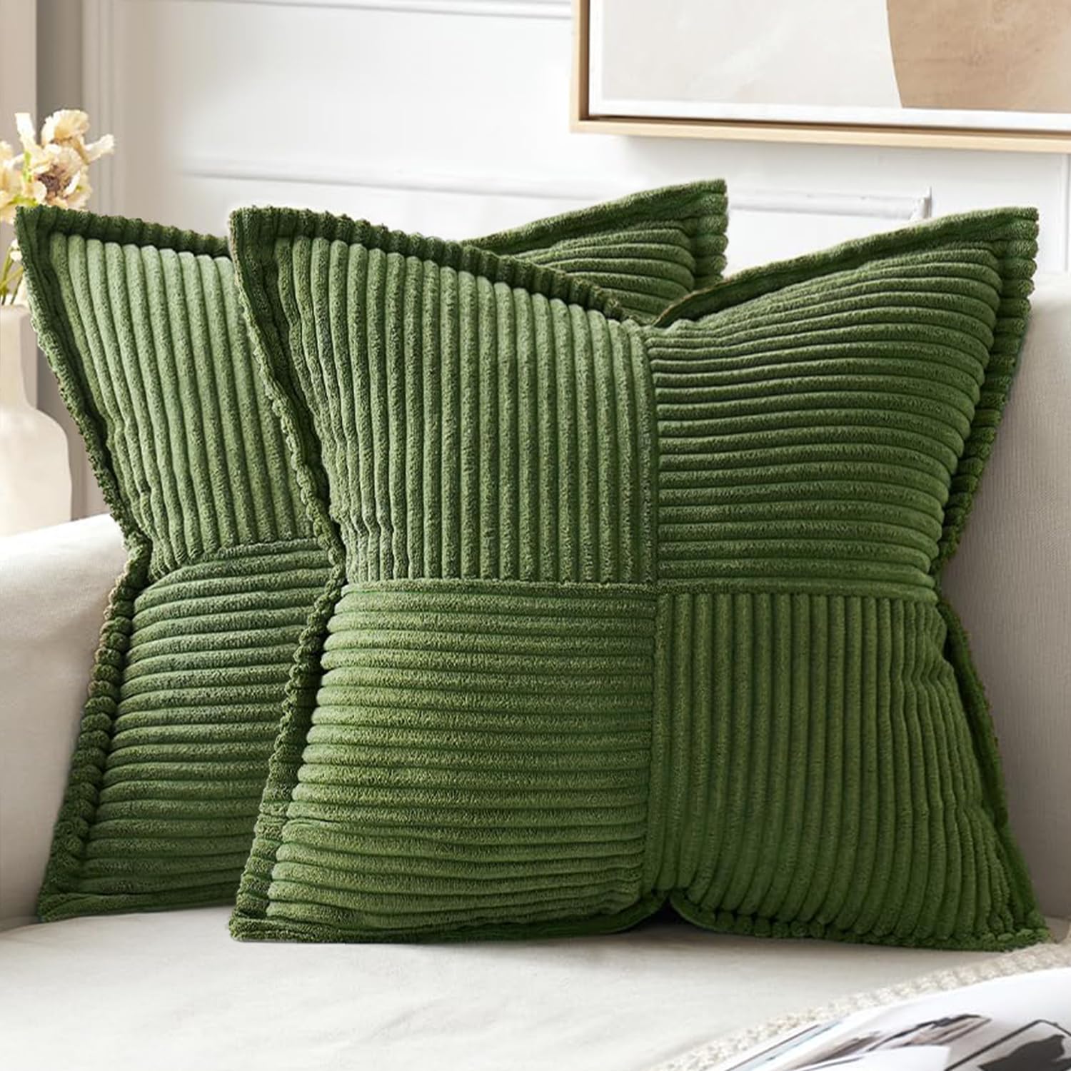 MIULEE Decorative Throw Pillow Covers for Couch Bed Livingroom 20x20 Inch Set of 2 Beige Boho Accent Throw Pllows Broadside Striped Patchwork Soft Corduroy Pillowcases