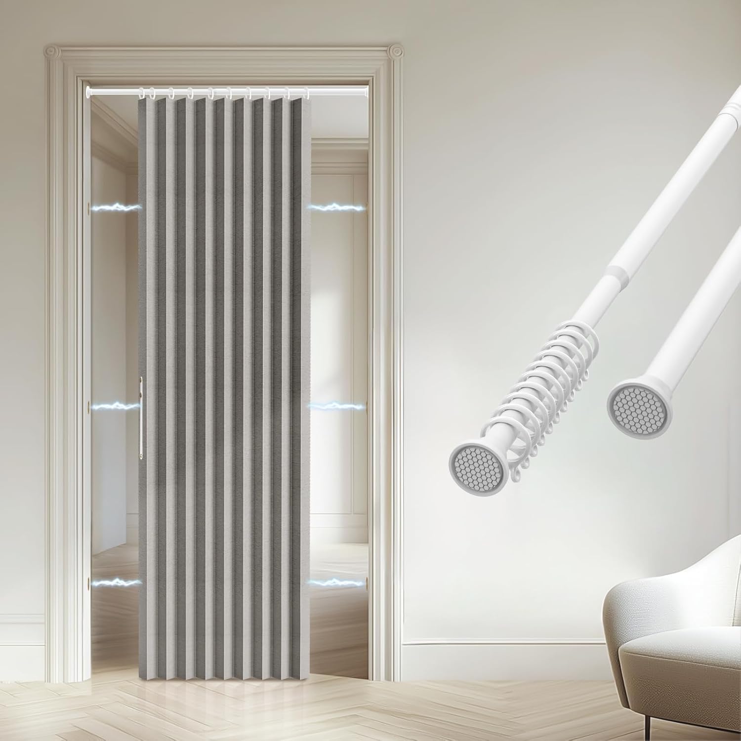 Accordion Door Curtain - 100% Light-Blocking Bedroom Door Curtain with Included Rod for Easy Installation, Suitable for Doorway Privacy Grey 43" W x 78" L