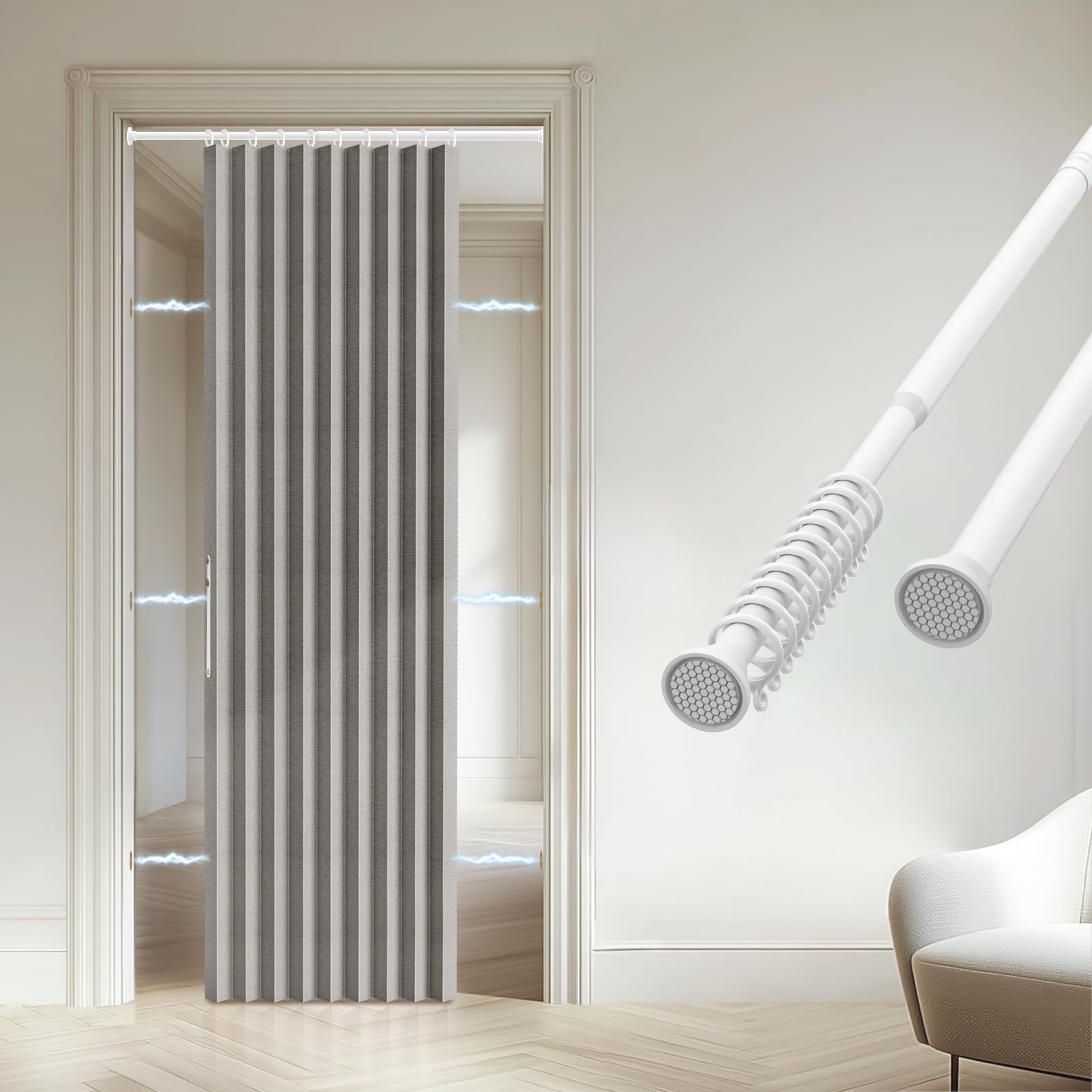 Accordion Door Curtain - 100% Light-Blocking Bedroom Door Curtain with Included Rod for Easy Installation, Suitable for Doorway Privacy Grey 43" W x 78" L