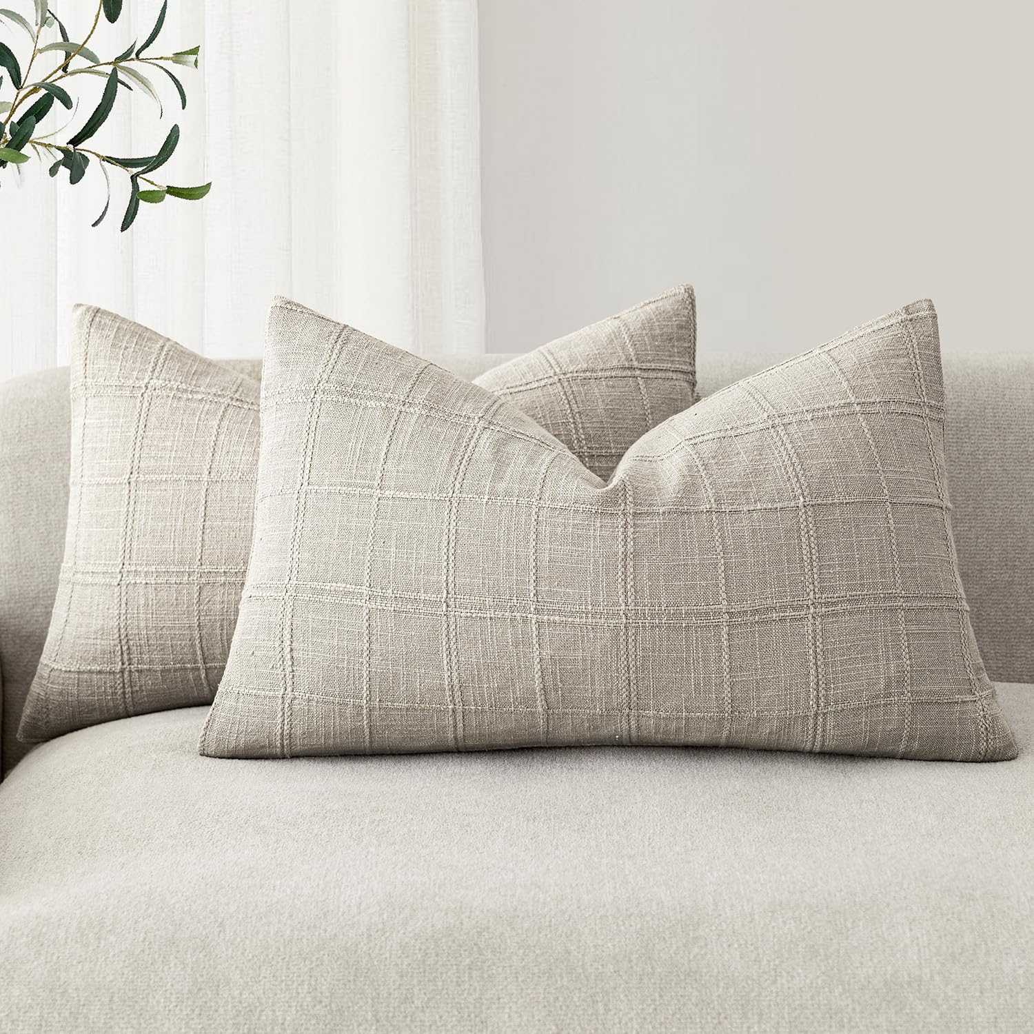 Foindtower Set of 2 Decorative Linen Check Throw Pillow Covers Neutral Farmhouse Vintage Cushion Covers Modern Boho Home Decor for Sofa Chair Couch Bedroom Living Room,18×18 Inch,Natural Beige