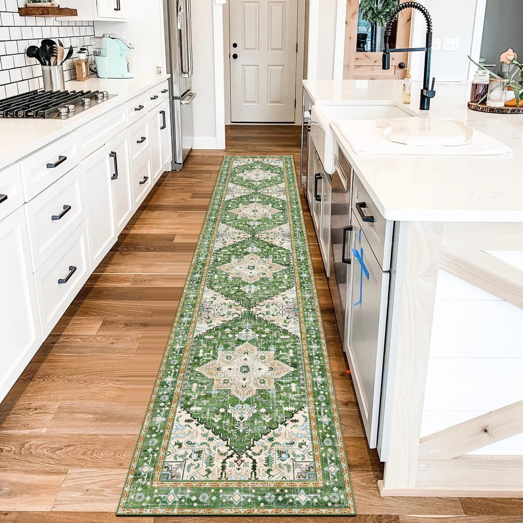 Yamaziot Washable Runner Rug, 2x8 Non-Slip Boho Vintage Hallway Rug Runner with Rubber Backing, Stain Resistant & Low Pile Faux Wool Distressed Carpet Runner for Bedroom, Kitchen, Laundry, Entrance