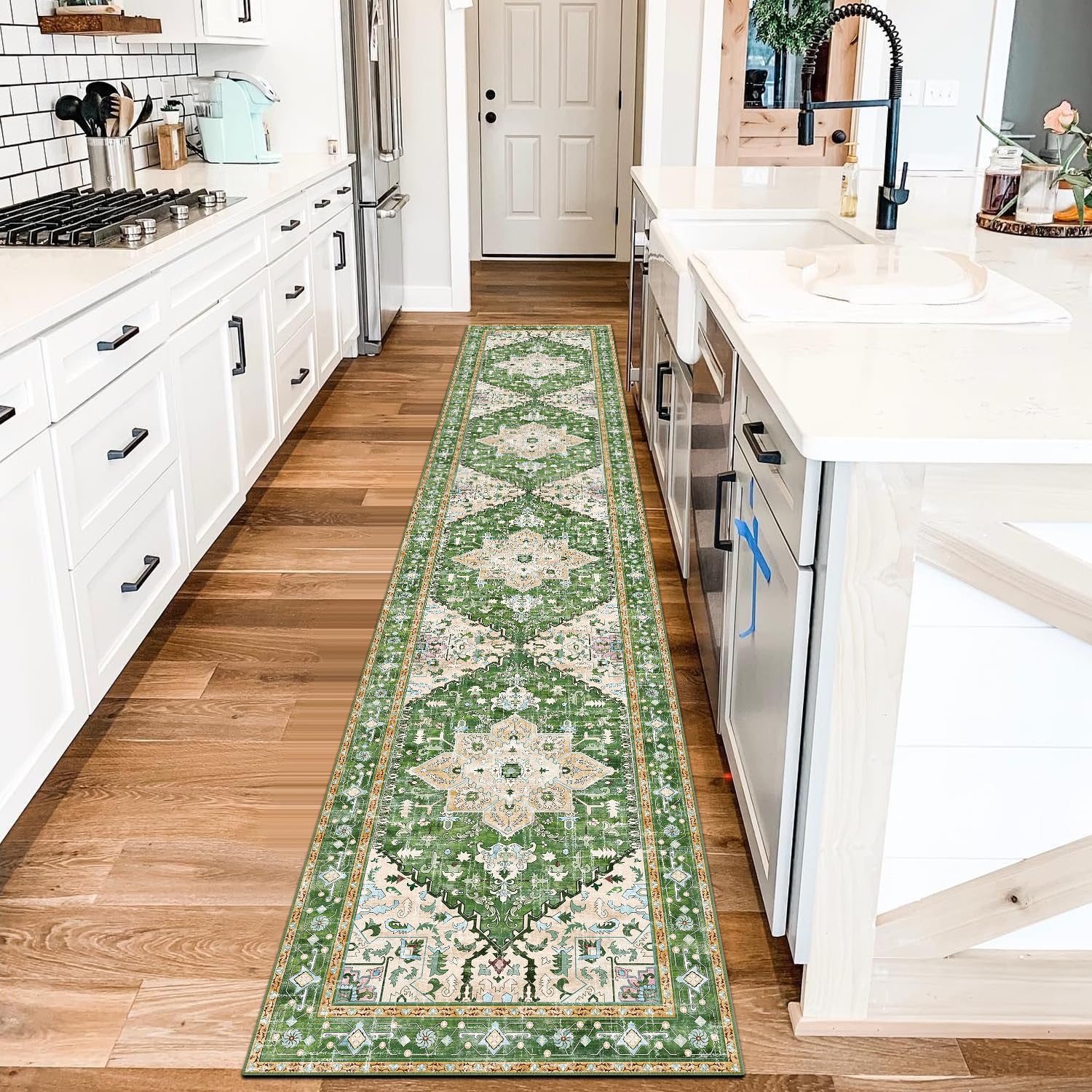 Yamaziot Washable Runner Rug, 2x8 Non-Slip Boho Vintage Hallway Rug Runner with Rubber Backing, Stain Resistant & Low Pile Faux Wool Distressed Carpet Runner for Bedroom, Kitchen, Laundry, Entrance