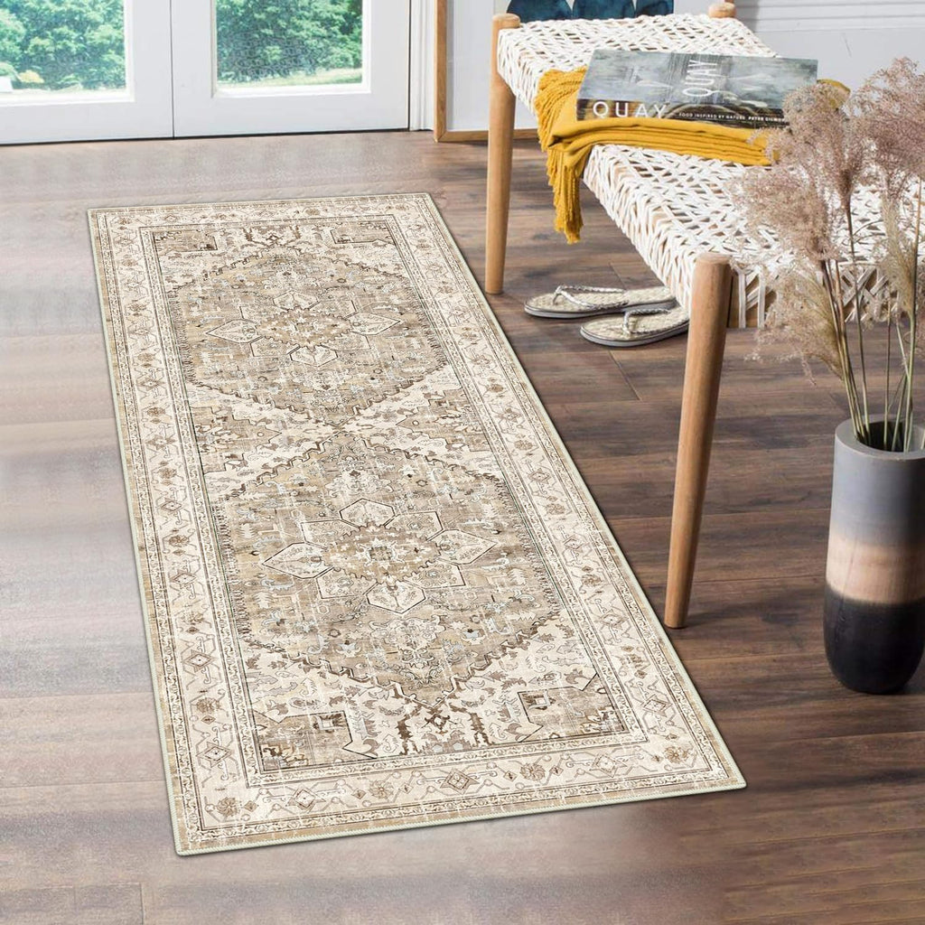 Yamaziot Washable Runner Rug, 2x8 Non-Slip Boho Vintage Hallway Rug Runner with Rubber Backing, Stain Resistant & Low Pile Faux Wool Distressed Carpet Runner for Bedroom, Kitchen, Laundry, Entrance