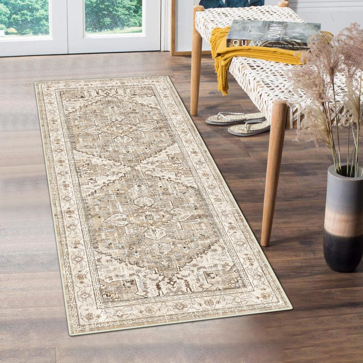 Yamaziot Washable Runner Rug, 2x8 Non-Slip Boho Vintage Hallway Rug Runner with Rubber Backing, Stain Resistant & Low Pile Faux Wool Distressed Carpet Runner for Bedroom, Kitchen, Laundry, Entrance