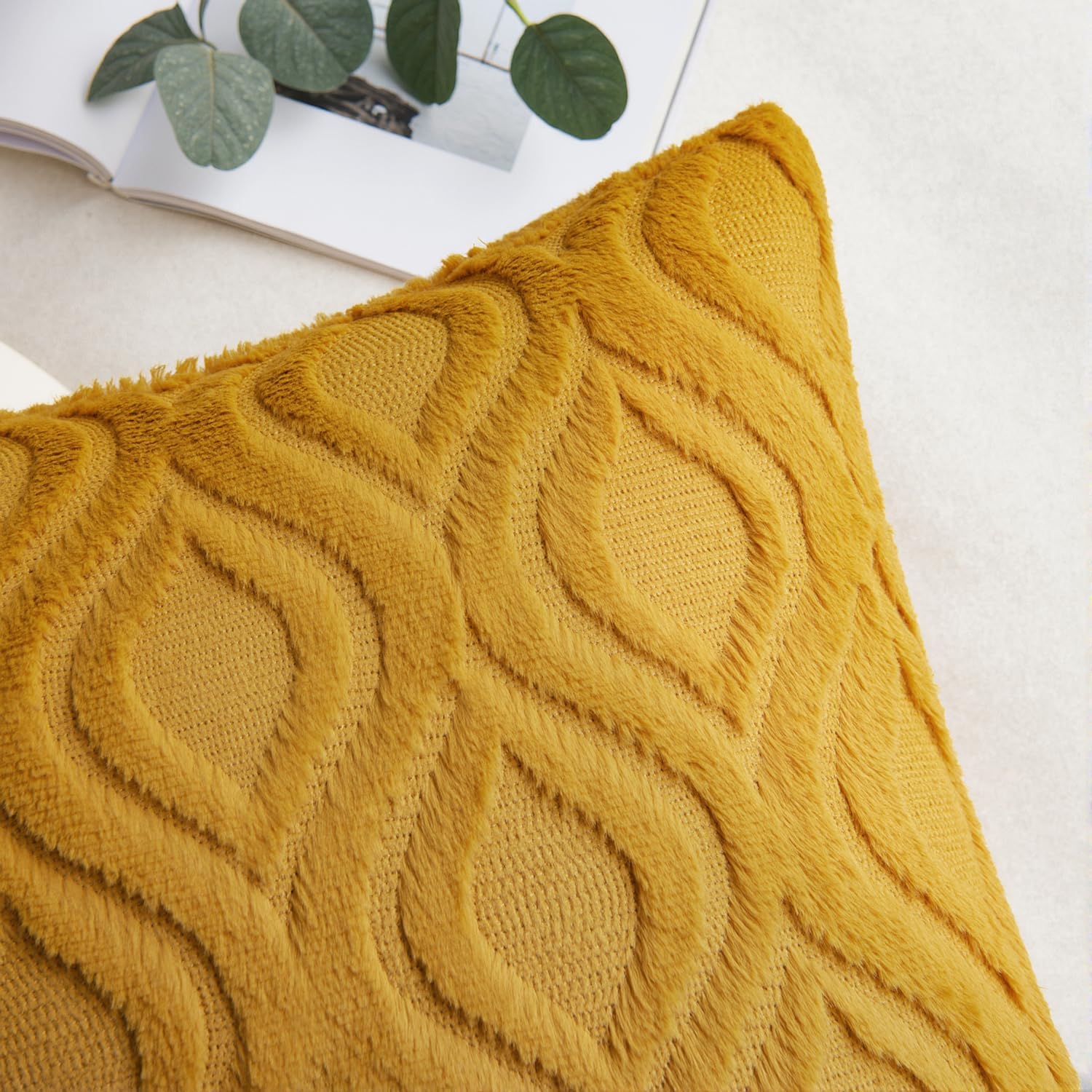 Set of 2 18x18 Inch Mustard Yellow Soft Plush Faux Wool Throw Pillow Covers Farmhouse Boho Decor for Sofa Bed Living Room